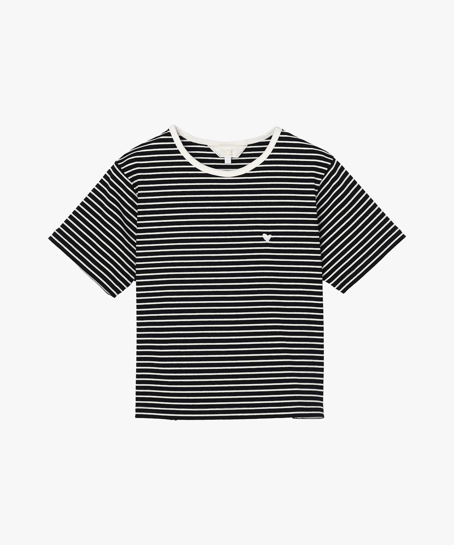 ハート 刺繍 リブ ボーダー 半袖 Tシャツ