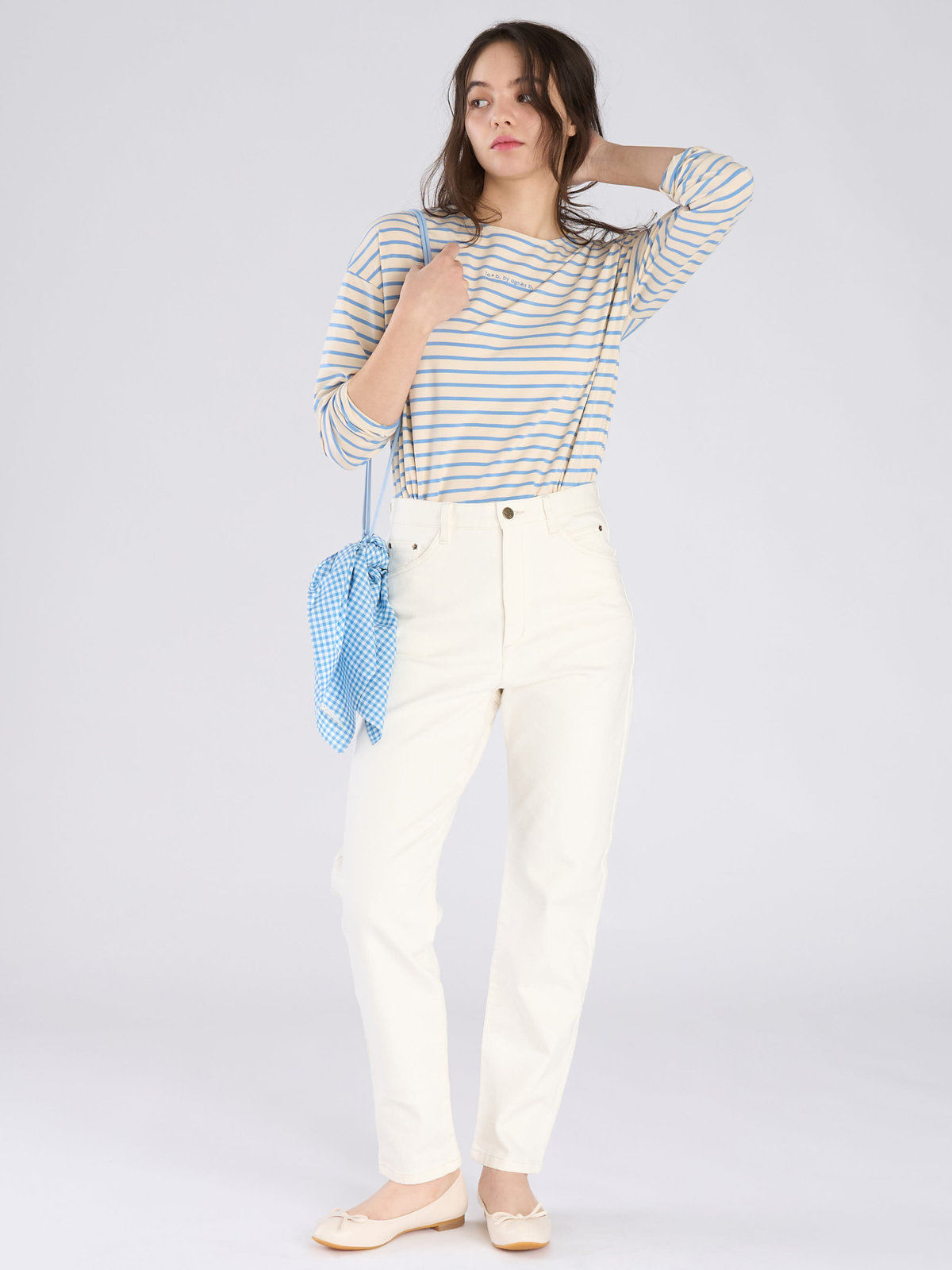 To b. by agnès b. ボーダー ロゴ 刺繍 長袖 Tシャツ ライトブルー