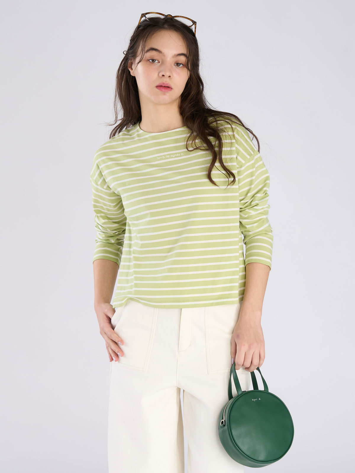 To b. by agnès b. ボーダー ロゴ 刺繍 長袖 Tシャツ グリーン