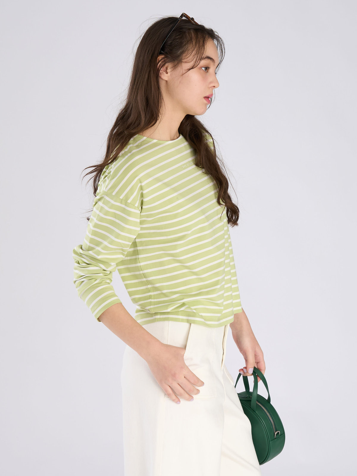 To b. by agnès b. ボーダー ロゴ 刺繍 長袖 Tシャツ グリーン