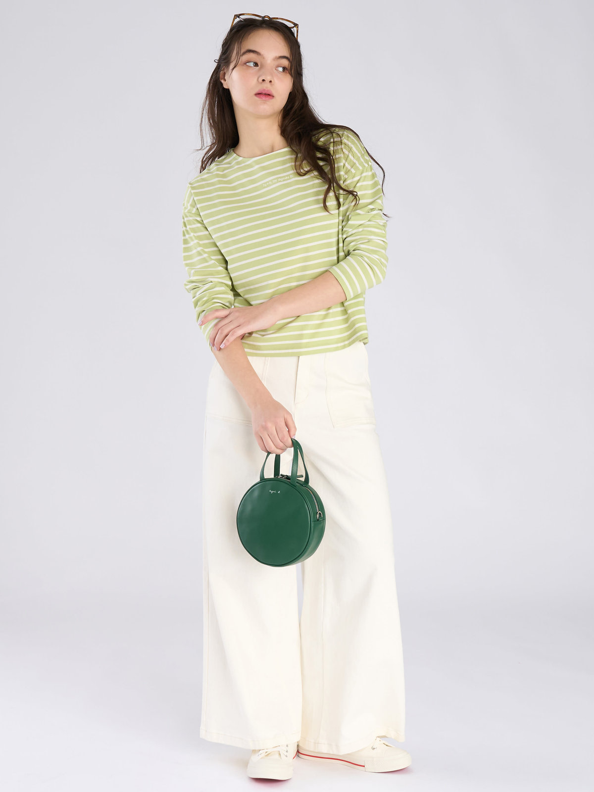 To b. by agnès b. ボーダー ロゴ 刺繍 長袖 Tシャツ グリーン