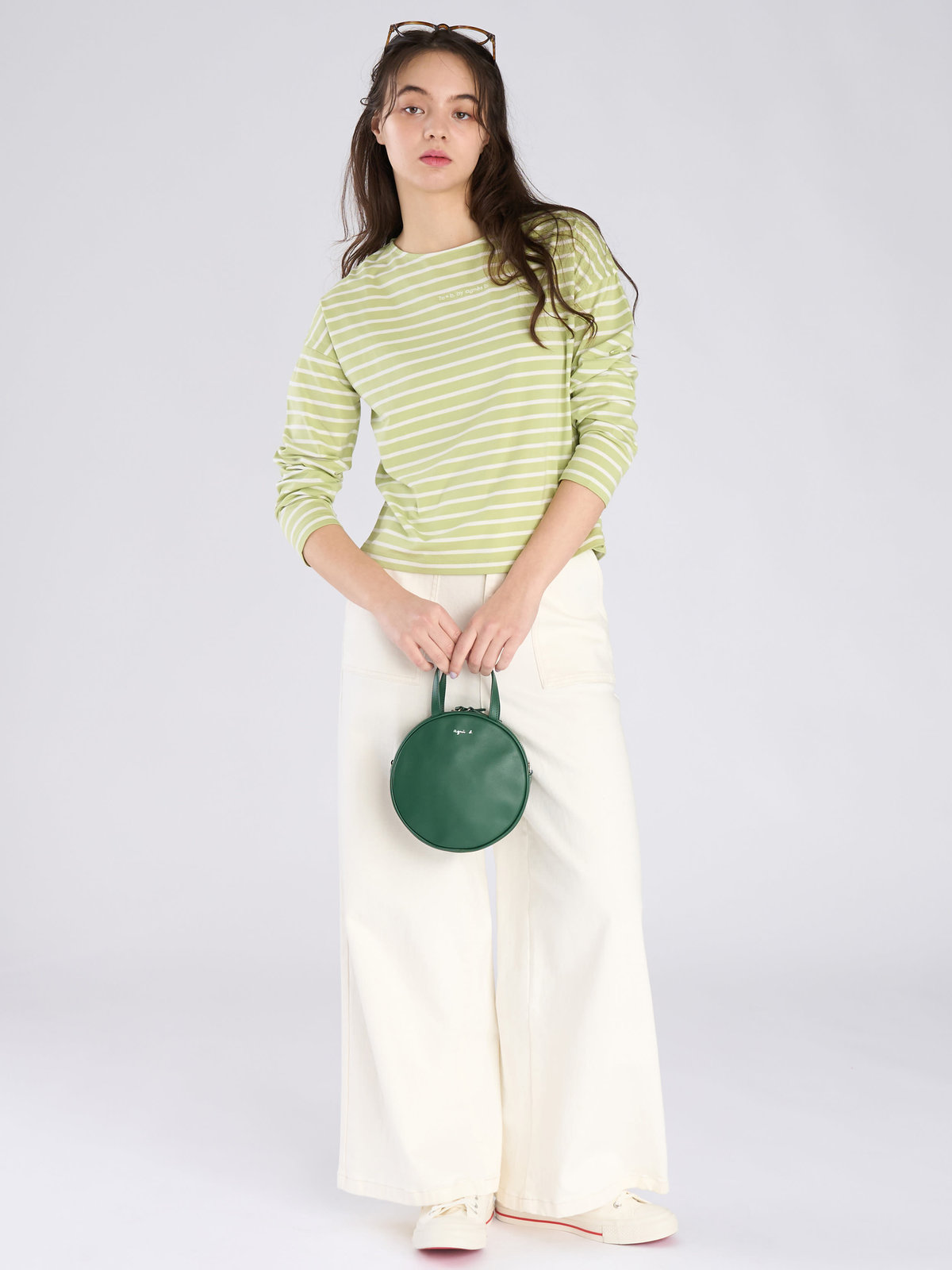 To b. by agnès b. ボーダー ロゴ 刺繍 長袖 Tシャツ グリーン