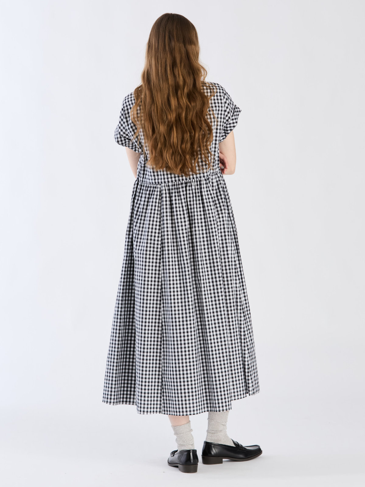 To b. by agnès b. ギンガムチェック コットン ロング ワンピース ホワイト×ブラック