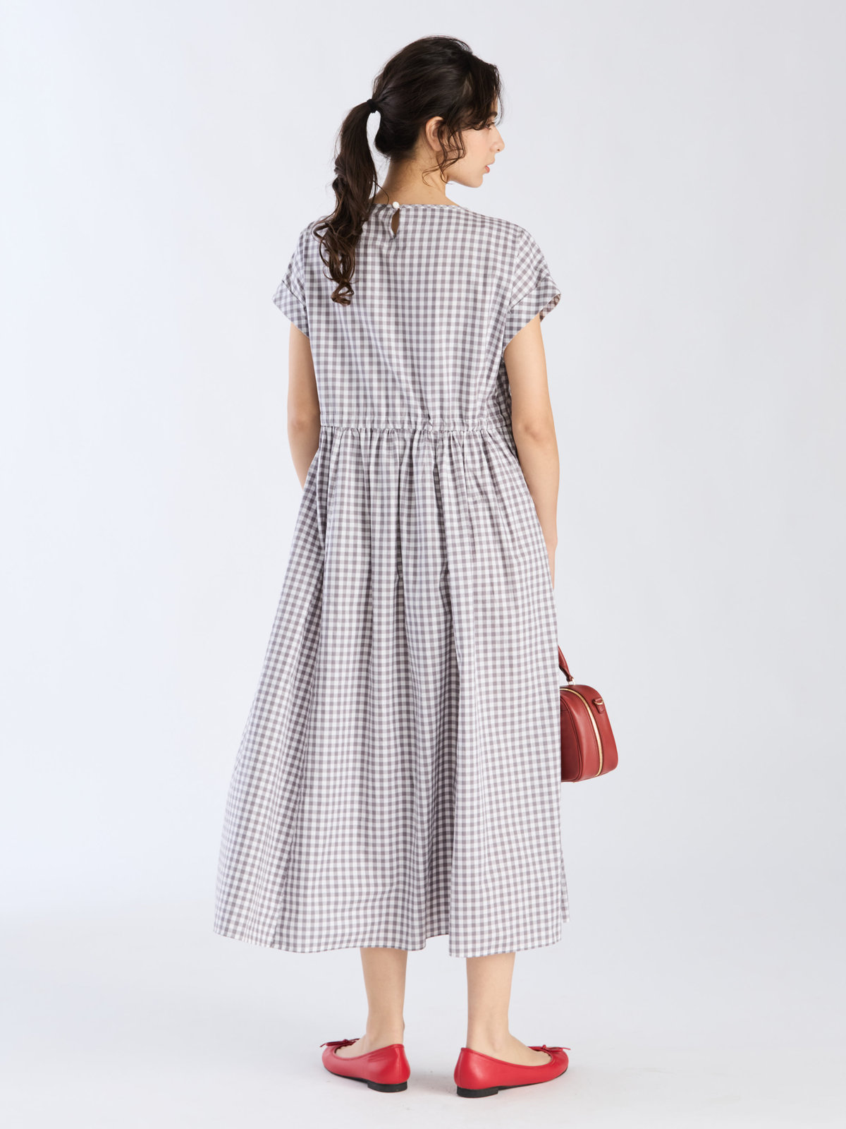 To b. by agnès b. ギンガムチェック コットン ロング ワンピース グレー×ホワイト