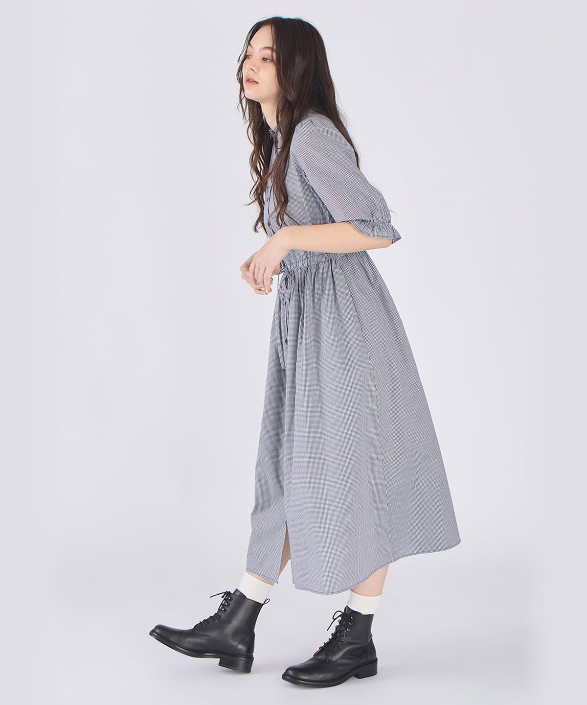 To b. by agnès b. ギンガムチェック コットン フリル ワンピース ネイビー