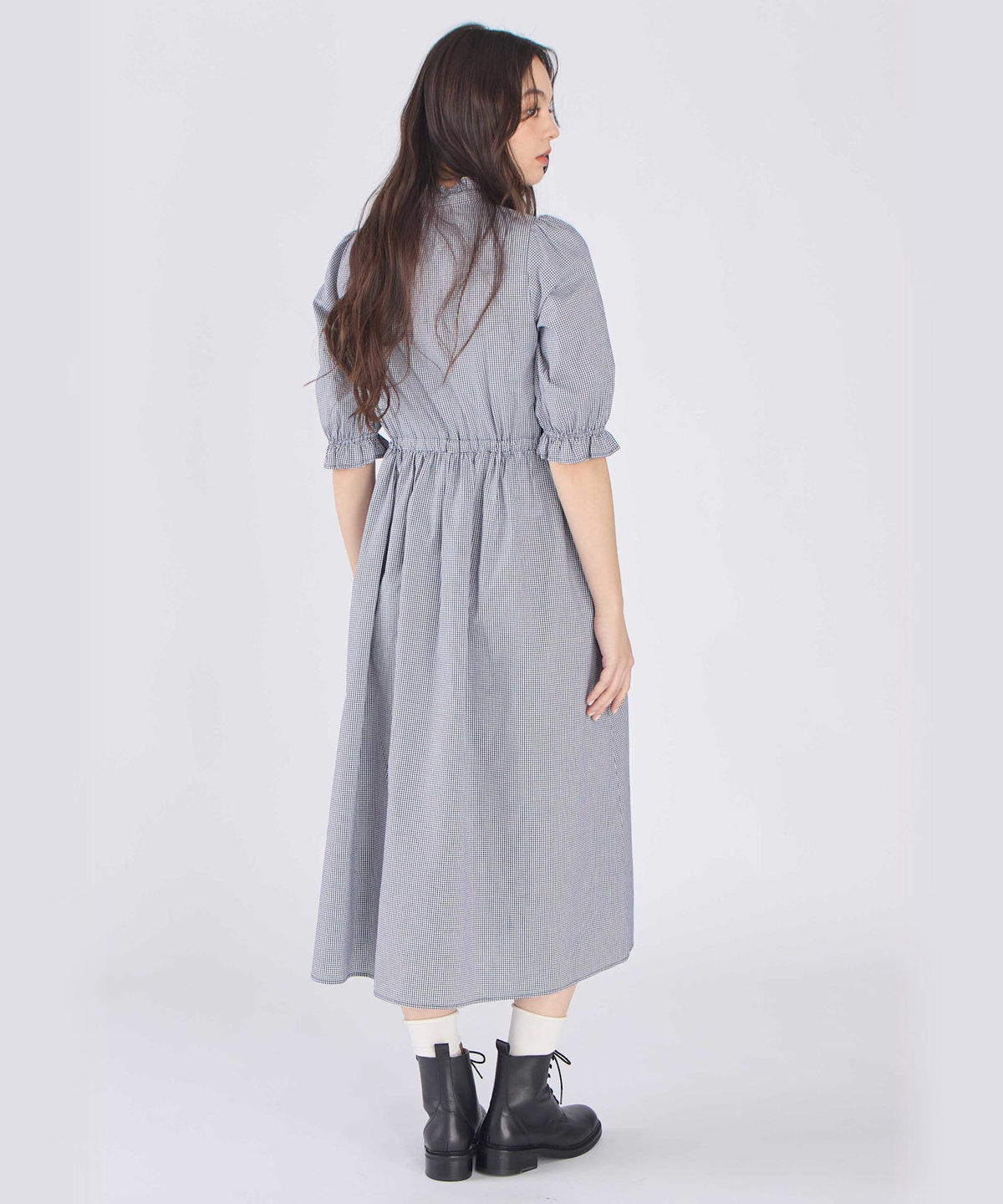 To b. by agnès b. ギンガムチェック コットン フリル ワンピース ネイビー