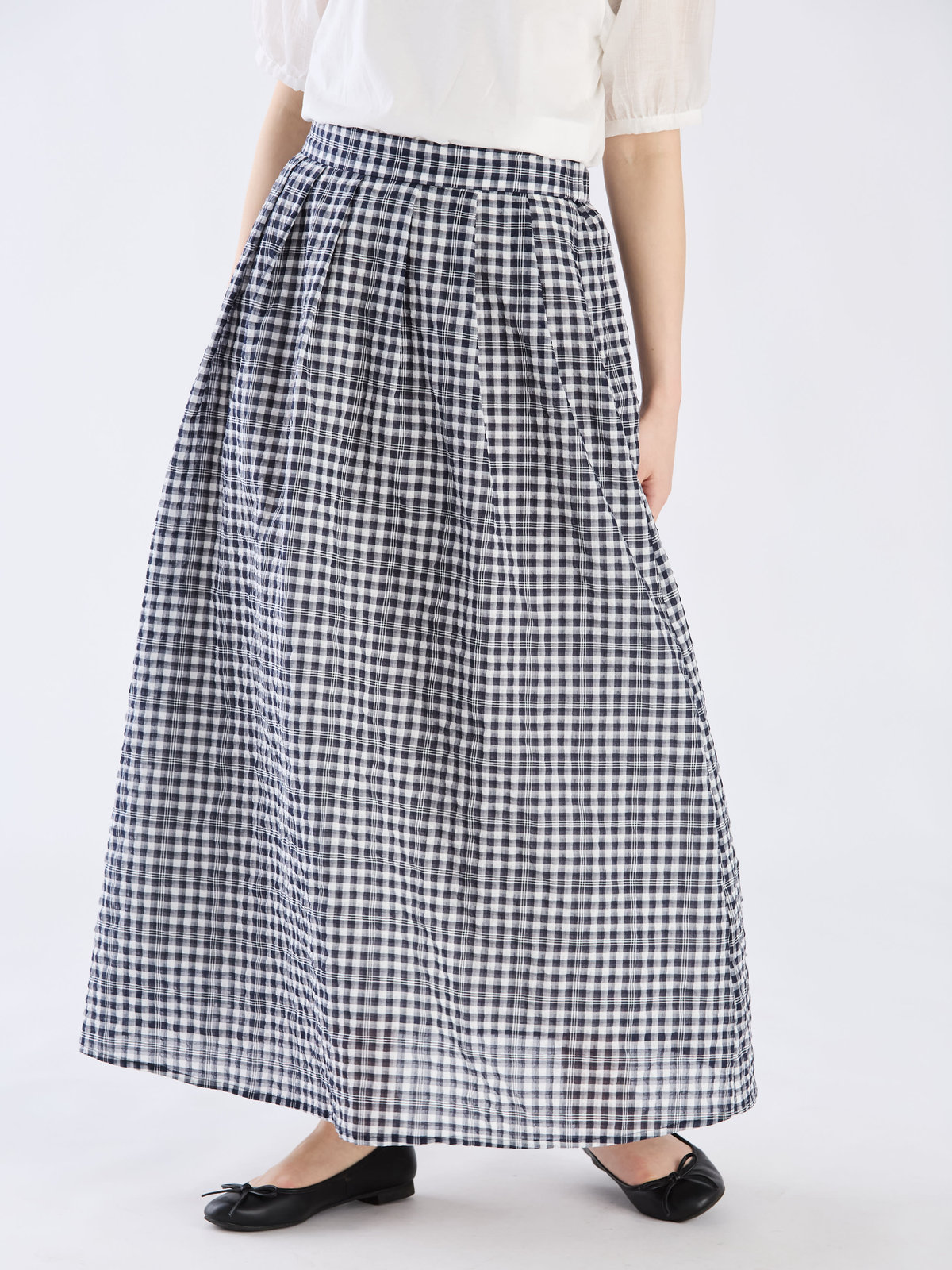 To b. by agnès b. 【Outlet】【セットアップ対応商品】ギンガムロングスカート ネイビー