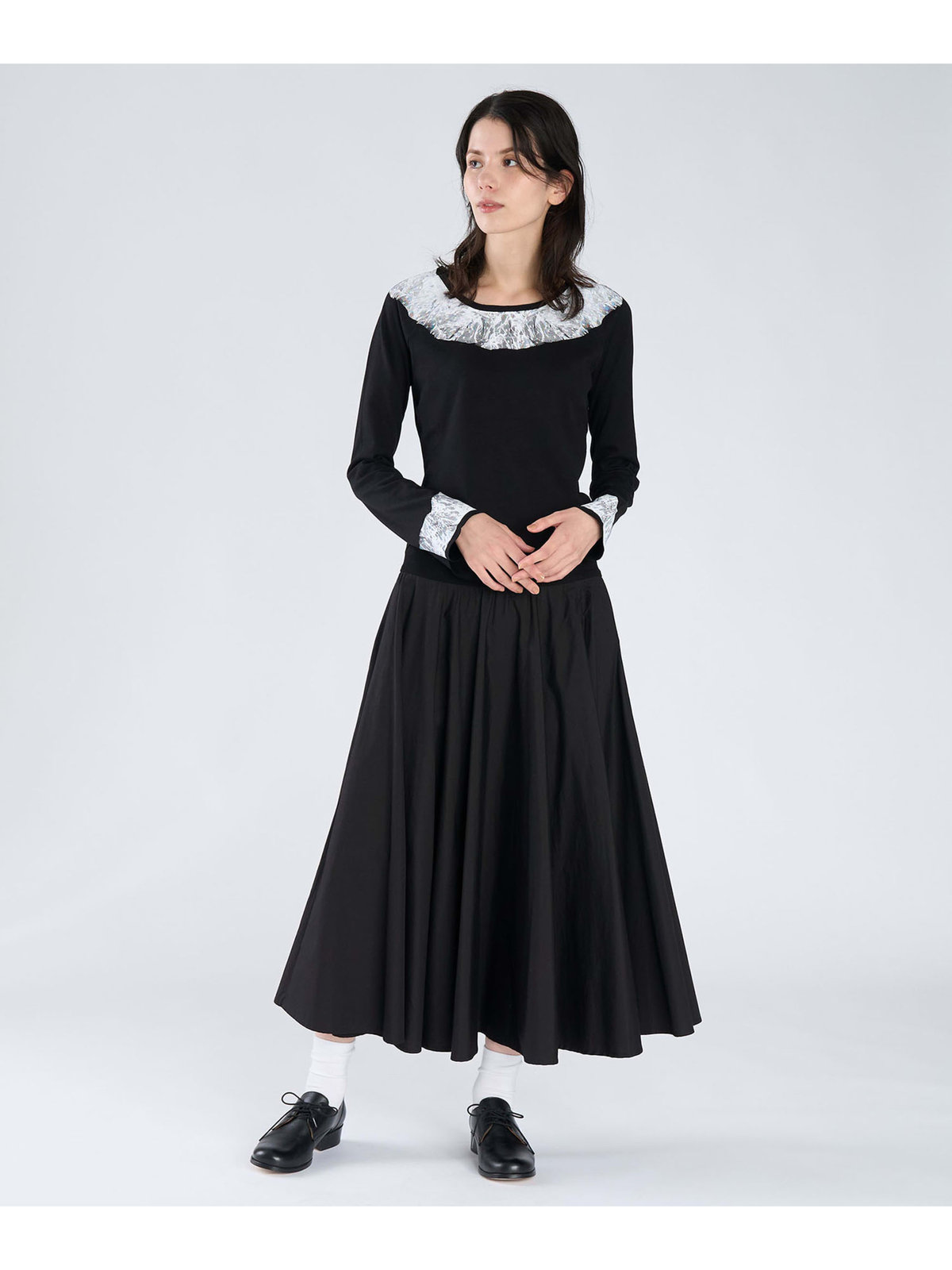 FEMME ウィメンズ 【Outlet】チュールプリント ラグラン 長袖 Tシャツ "Delphe" ブラック