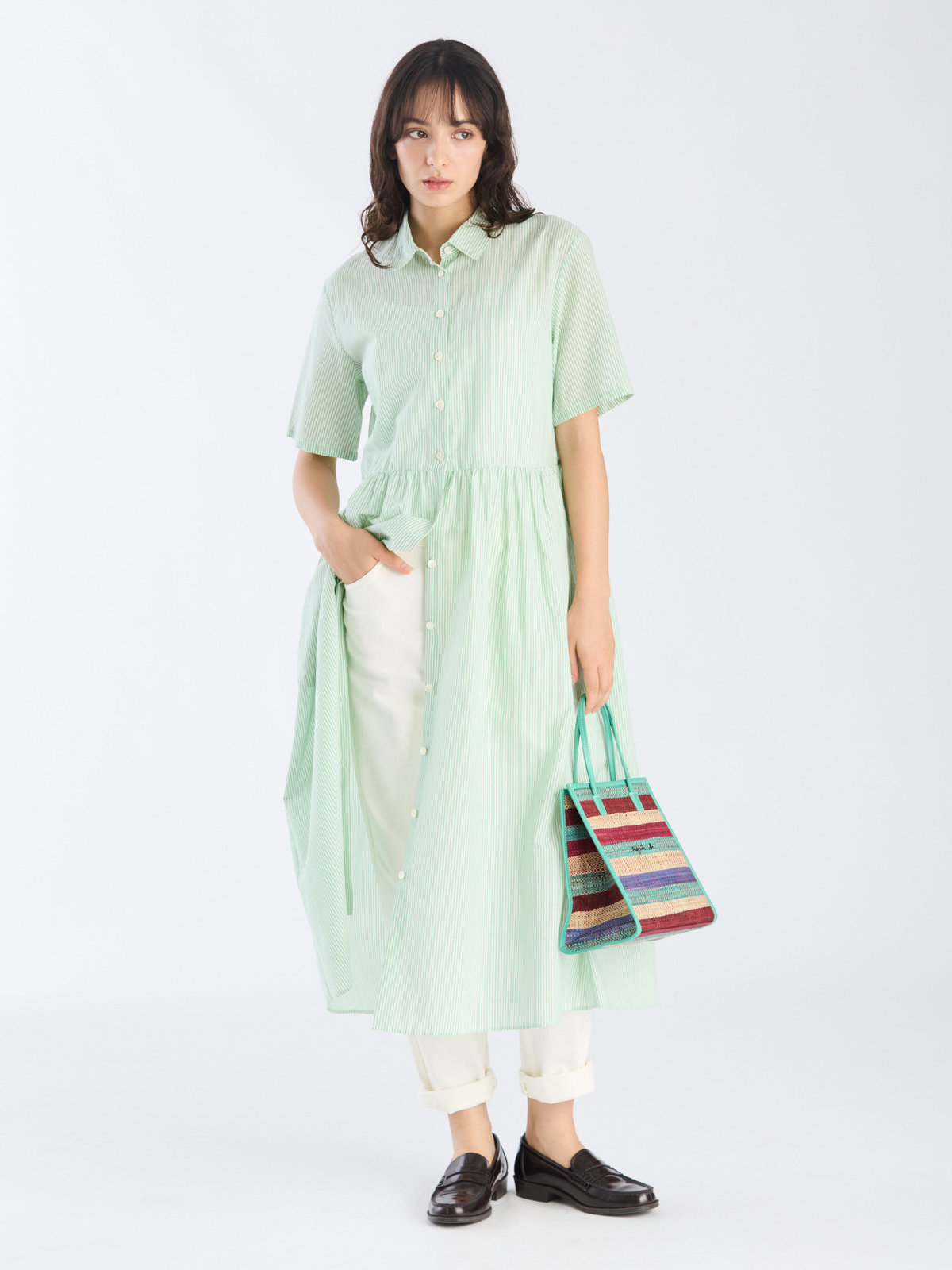 To b. by agnès b. 【Outlet】ストライプ コットンボイル ショートスリーブ ワンピース グリーン