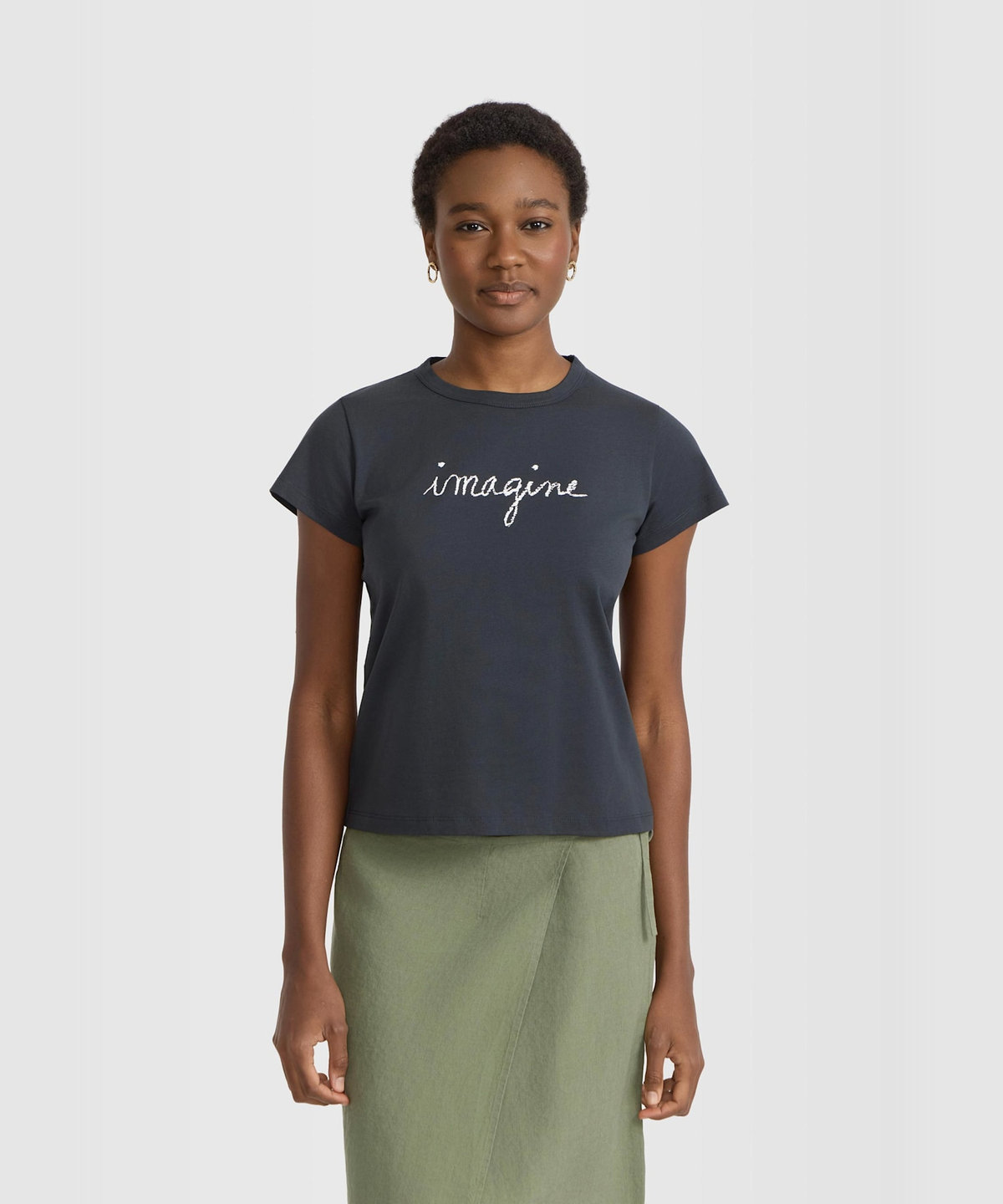 FEMME ウィメンズ メッセージ プリント コットン 半袖 Tシャツ "imagine" グレー