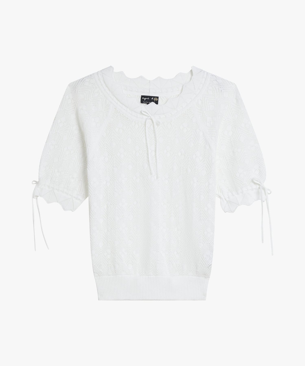 FEMME ウィメンズ フリル レース コットン 半袖 ニット ブラウス ホワイト