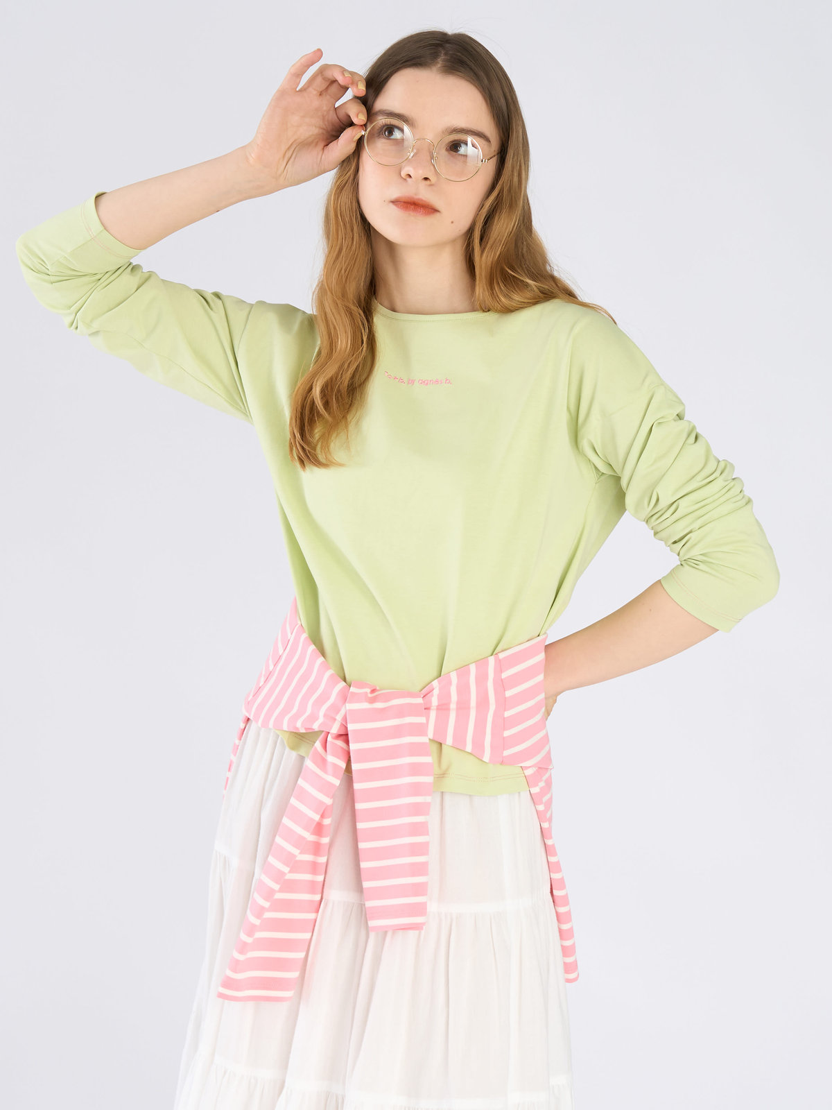 To b. by agnès b. カラー ロゴ 刺繍 長袖 Tシャツ グリーン