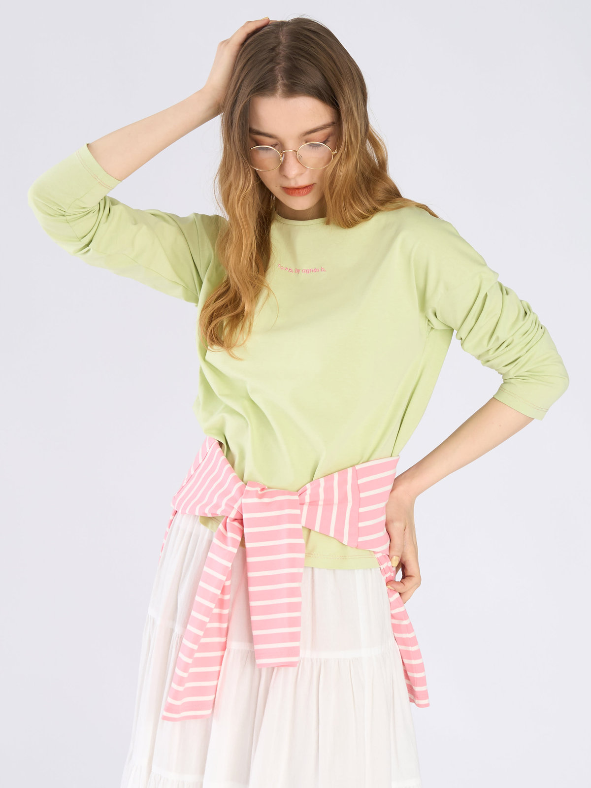 To b. by agnès b. カラー ロゴ 刺繍 長袖 Tシャツ グリーン