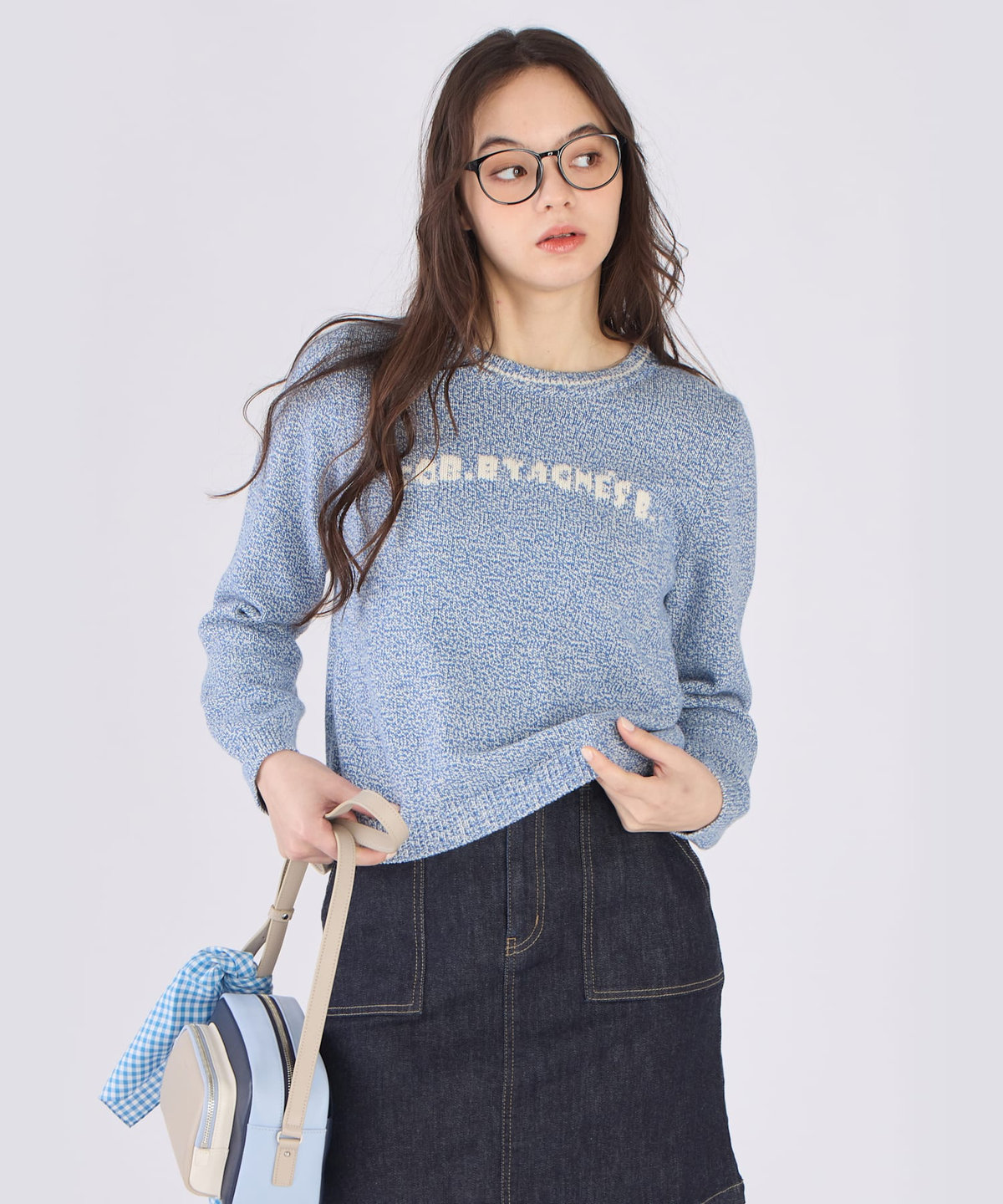 To b. by agnès b. ロゴ コットン ナイロン ジャカード 長袖 ニットプルオーバー ブルー