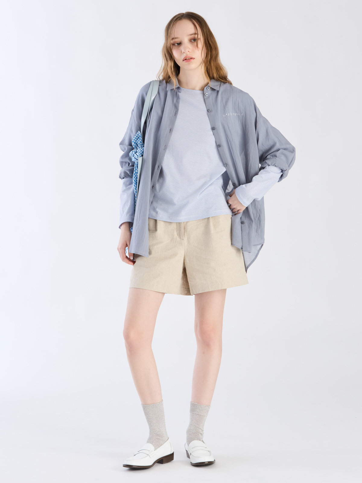 To b. by agnès b. コットン ロングスリーブ ボーイズシャツ ネイビー