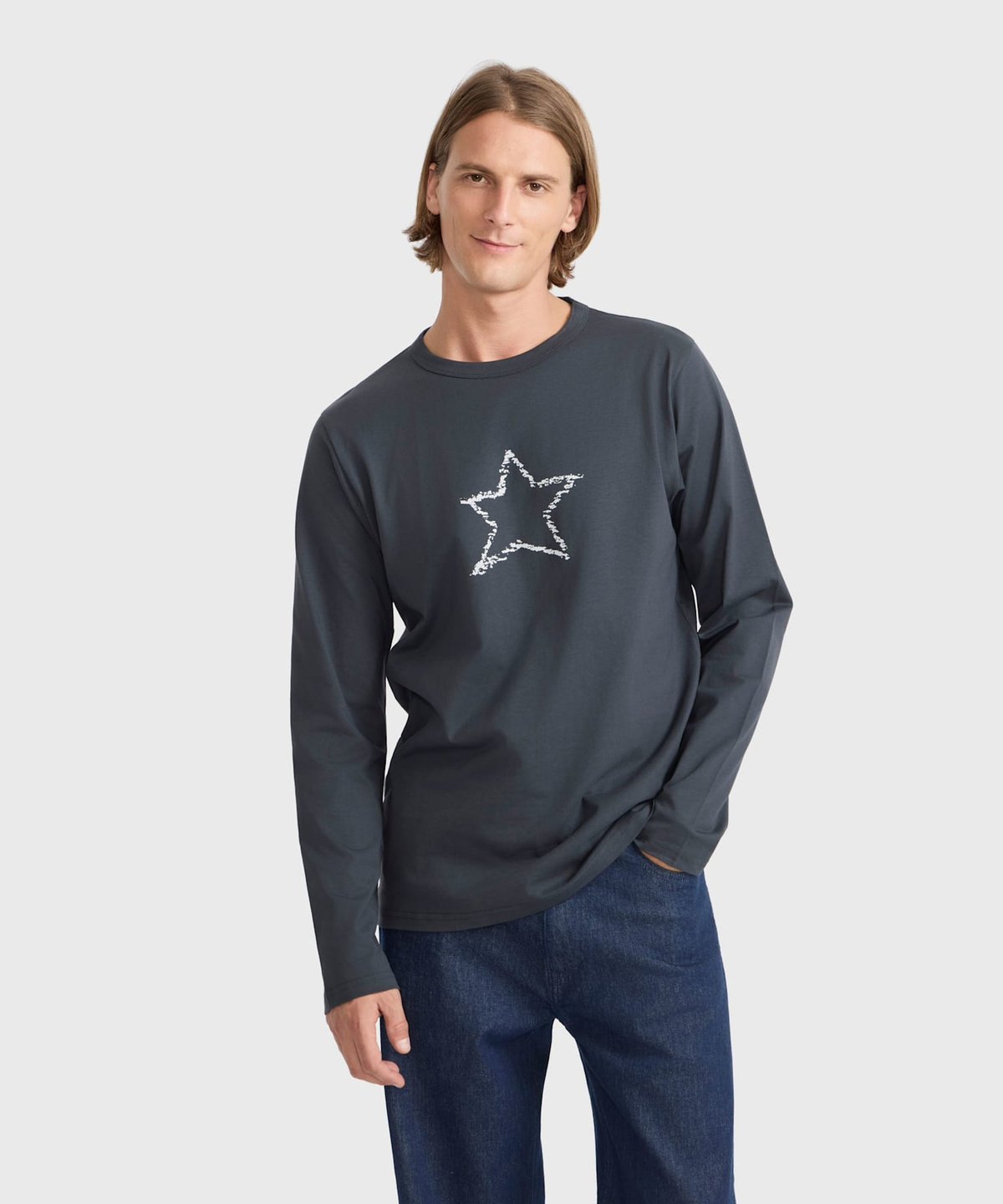 HOMME メンズ メンズ スター プリント オーガニックコットン 長袖 Tシャツ グレー
