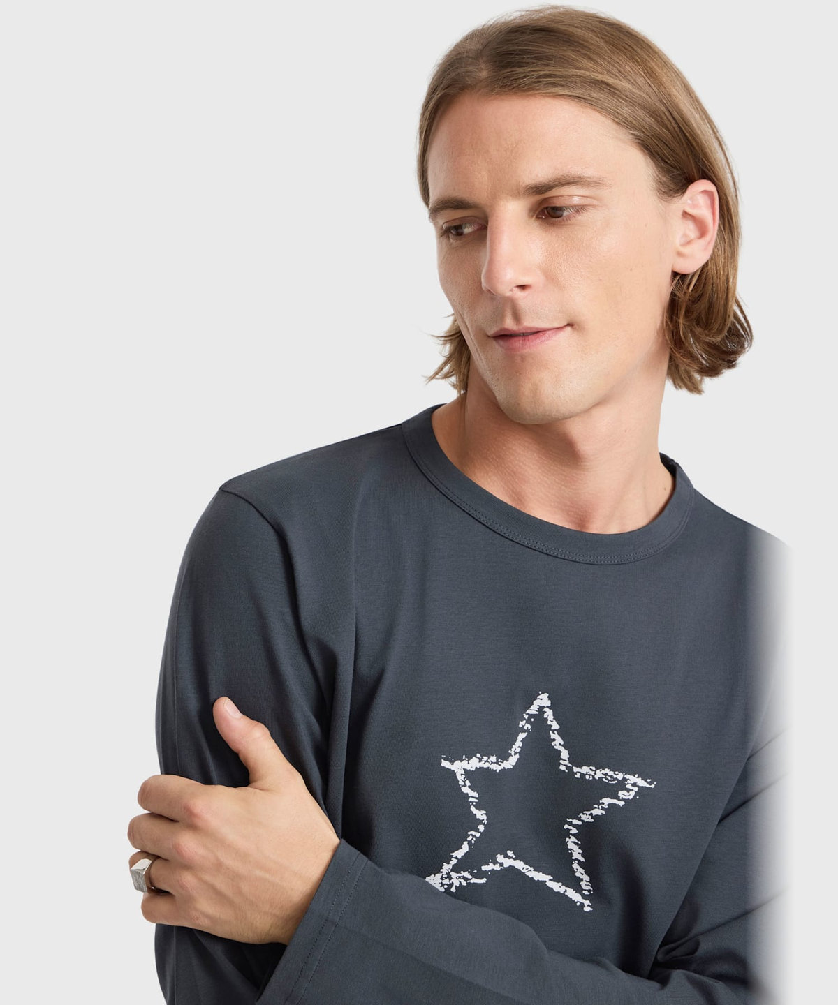 HOMME メンズ メンズ スター プリント オーガニックコットン 長袖 Tシャツ グレー
