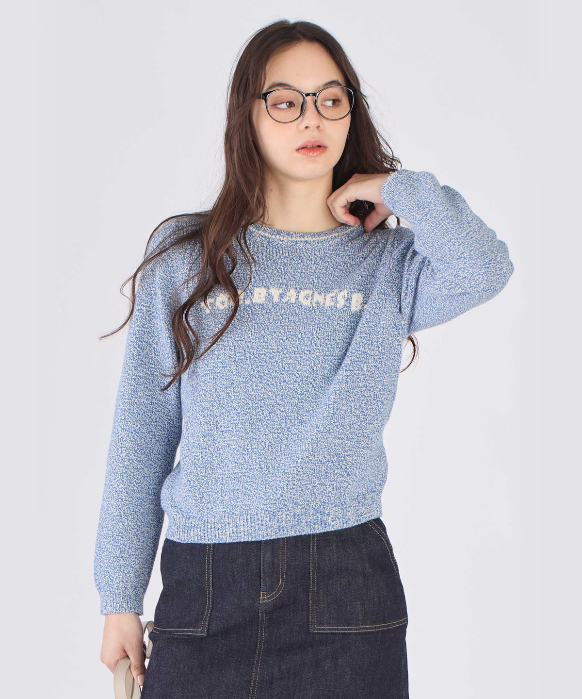 To b. by agnès b. ロゴ コットン ナイロン ジャカード 長袖 ニットプルオーバー ブルー