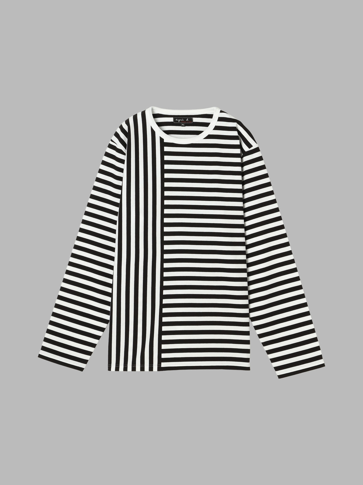 FEMME ウィメンズ 【by R 限定品】agnes b. 細ボーダーxストライプ コットン 長袖 Tシャツ "Haru" ホワイト×ブラック
