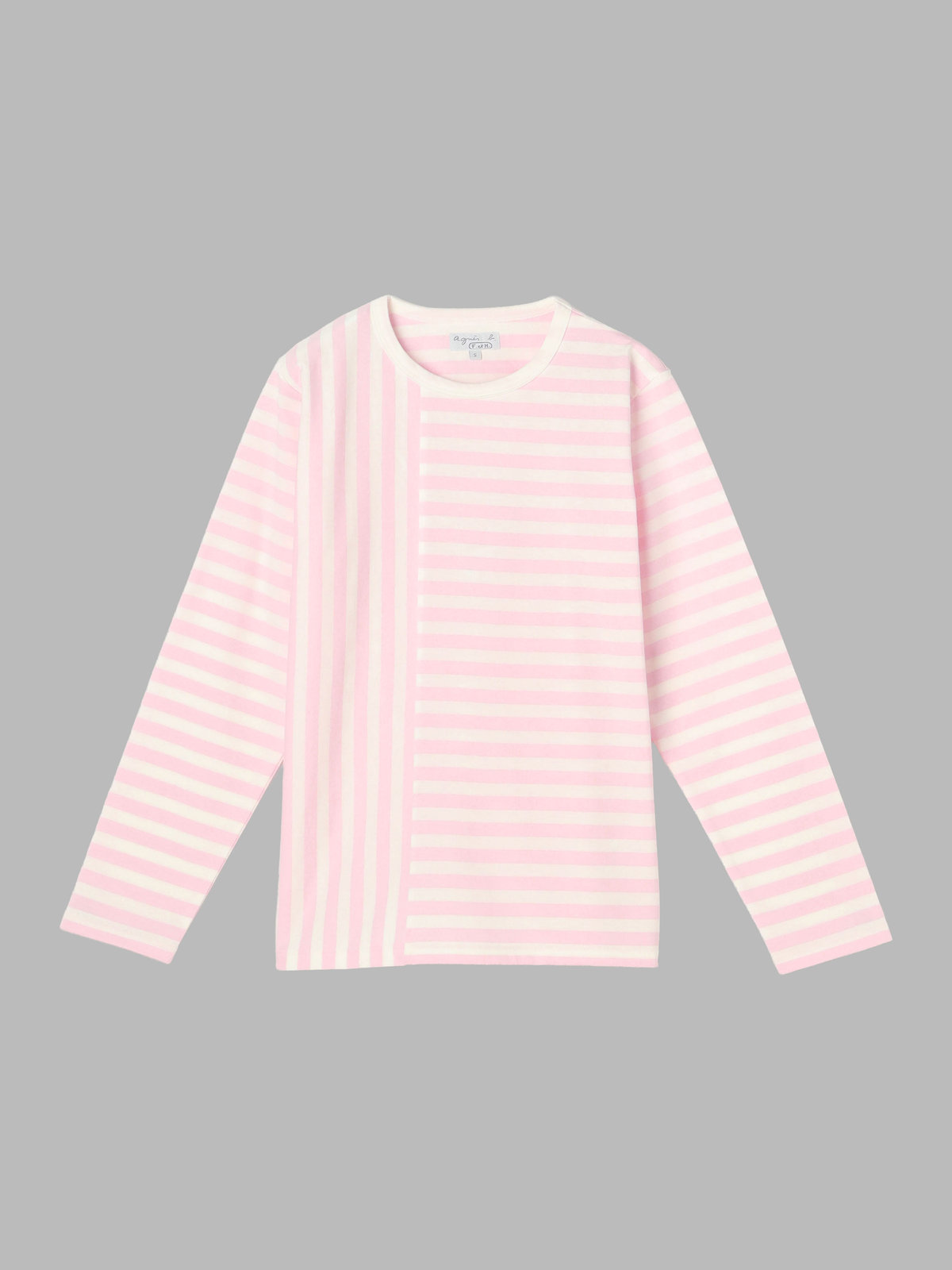 FEMME ウィメンズ 【by R 限定品】agnes b. 細ボーダーxストライプ コットン 長袖 Tシャツ "Haru" ホワイト×ピンク