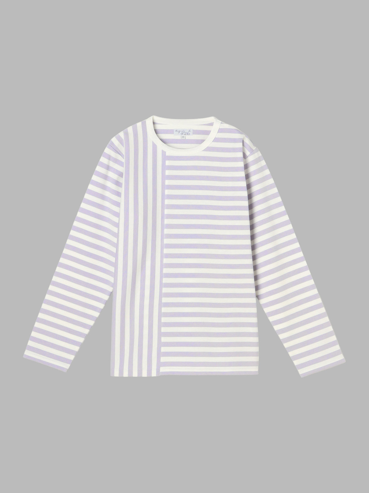FEMME ウィメンズ 【by R 限定品】agnes b. 細ボーダーxストライプ コットン 長袖 Tシャツ "Haru" サックス×ホワイト