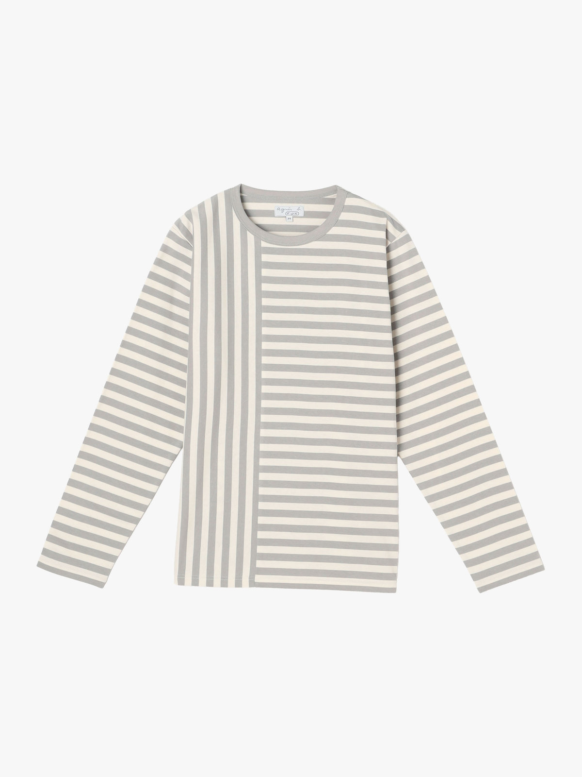 FEMME ウィメンズ 【by R 限定品】agnes b. 細ボーダーxストライプ コットン 長袖 Tシャツ "Haru" ライトグレー × ホワイト