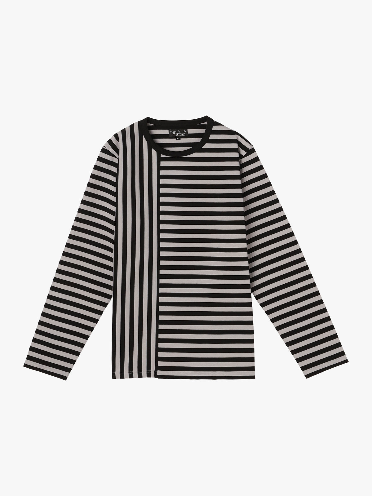 FEMME ウィメンズ 【by R 限定品】agnes b. 細ボーダーxストライプ コットン 長袖 Tシャツ "Haru" エクリュ×ブラック