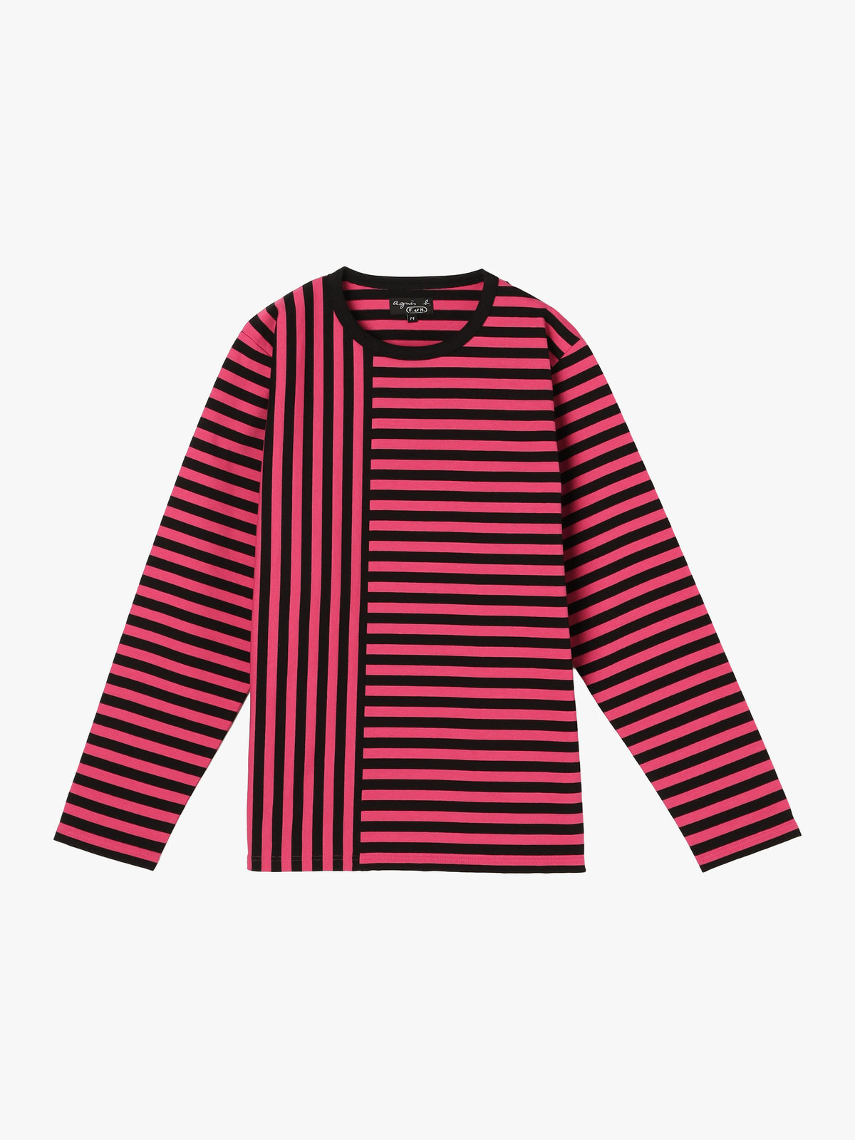 FEMME ウィメンズ 【by R 限定品】agnes b. 細ボーダーxストライプ コットン 長袖 Tシャツ "Haru" フューシャピンク×ブラック