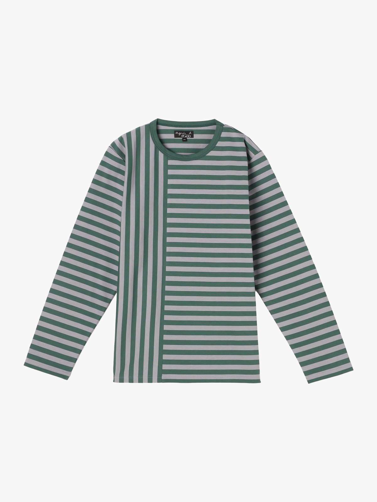 FEMME ウィメンズ 【by R 限定品】agnes b. 細ボーダーxストライプ コットン 長袖 Tシャツ "Haru" グリーン×スモーキーブルー
