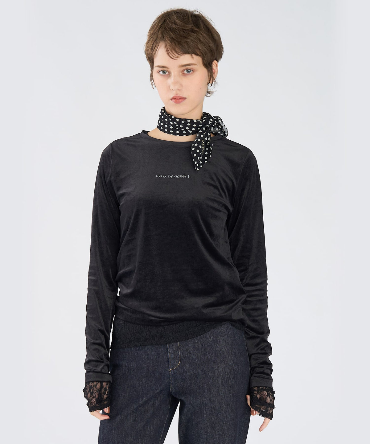 To b. by agnès b. ロゴ刺繍 シアー ベロア 長袖 Tシャツ ブラック