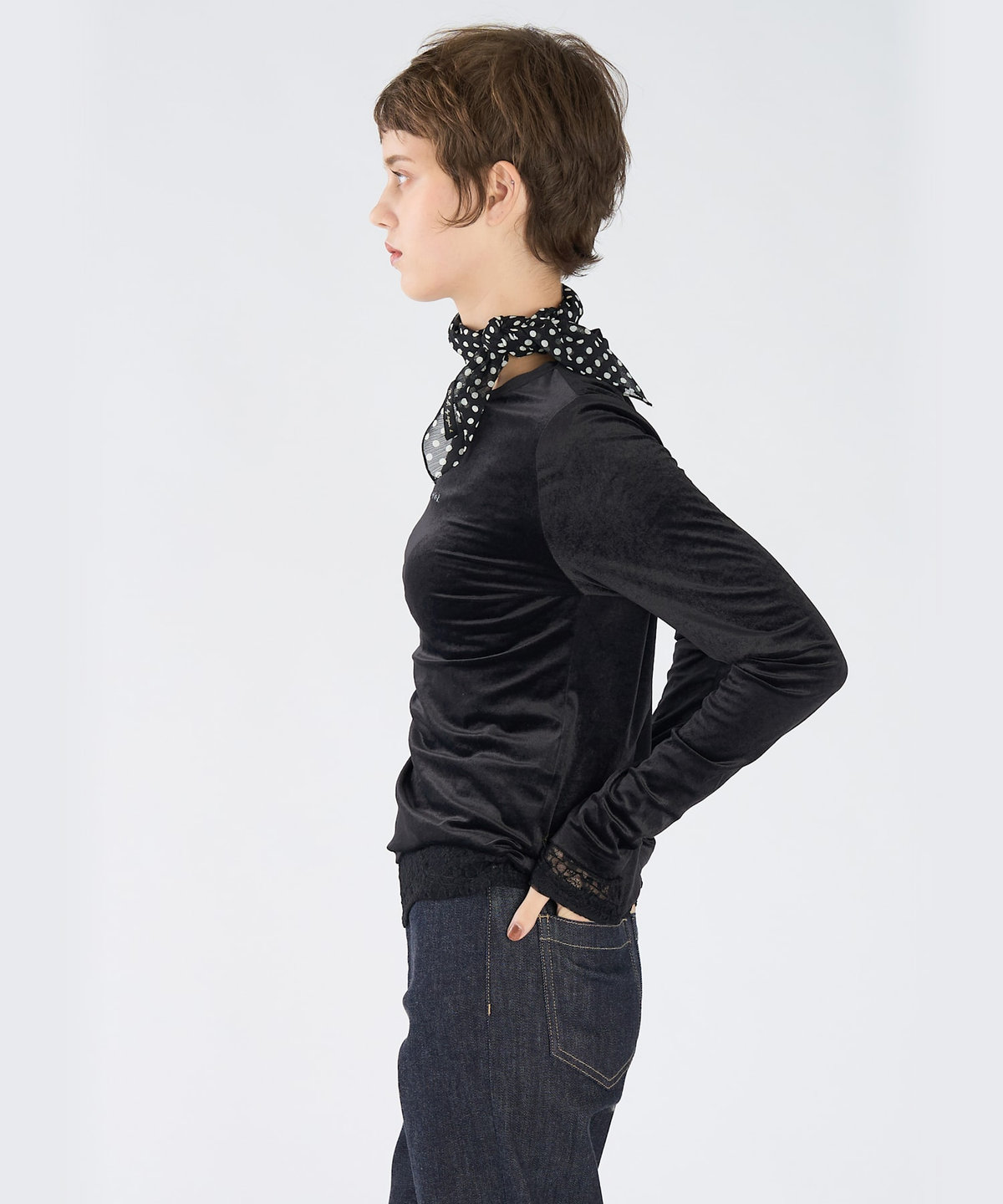 To b. by agnès b. ロゴ刺繍 シアー ベロア 長袖 Tシャツ ブラック