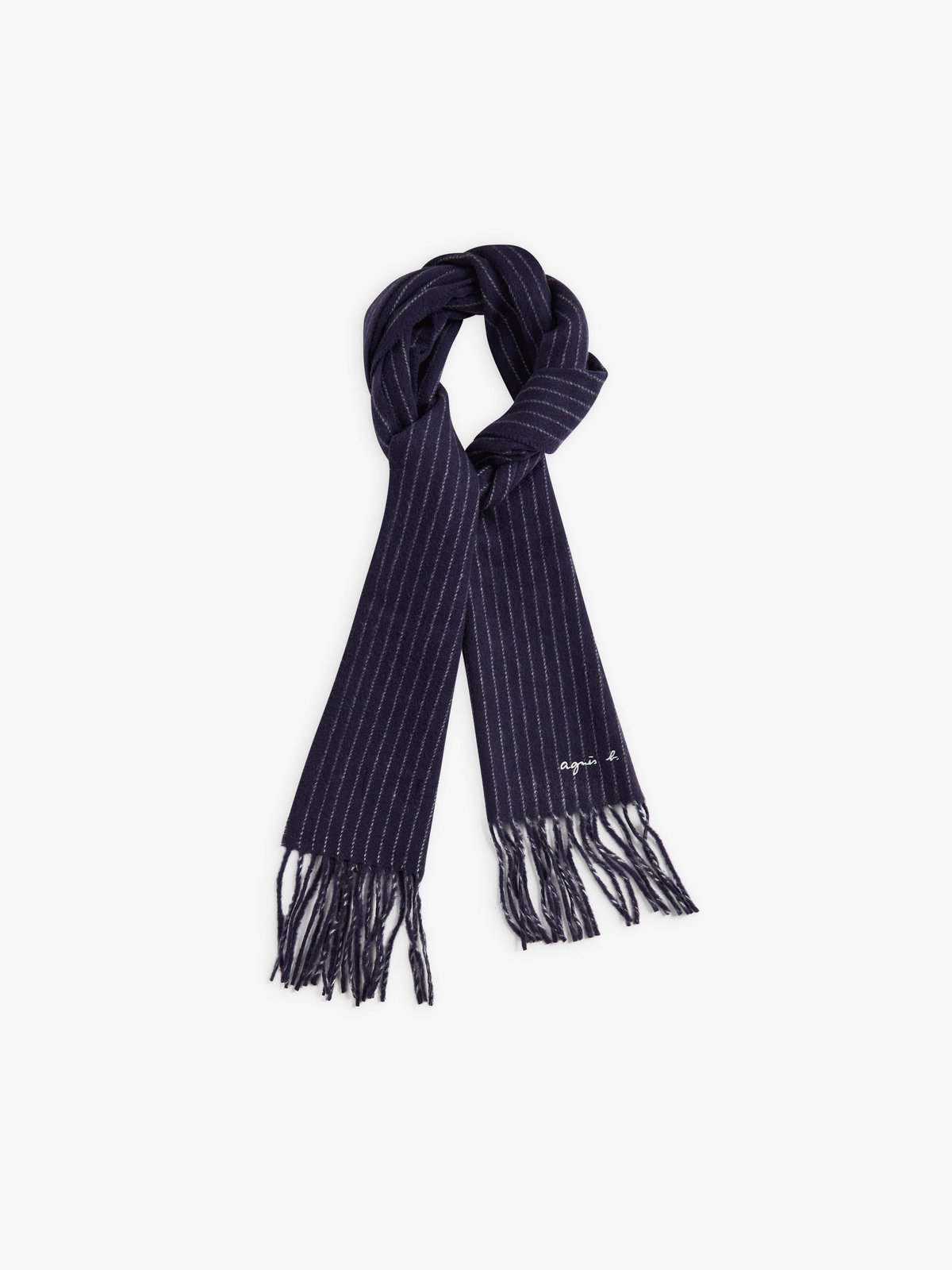 HOMME メンズ ロゴ刺繍 ストライプ ウール ストール "Rolland" ネイビー