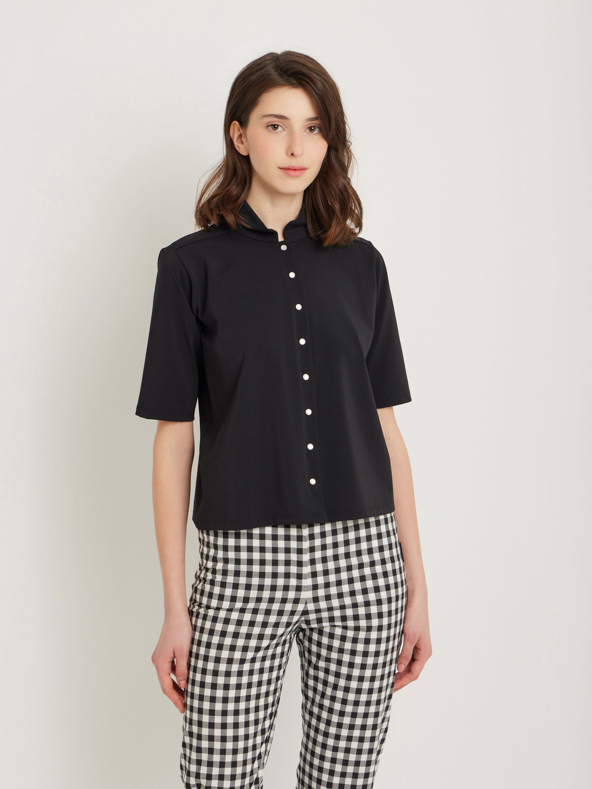 FEMME ウィメンズ 【Outlet】オフィサーカラー 5分袖 ブラウス "Gina" ブラック