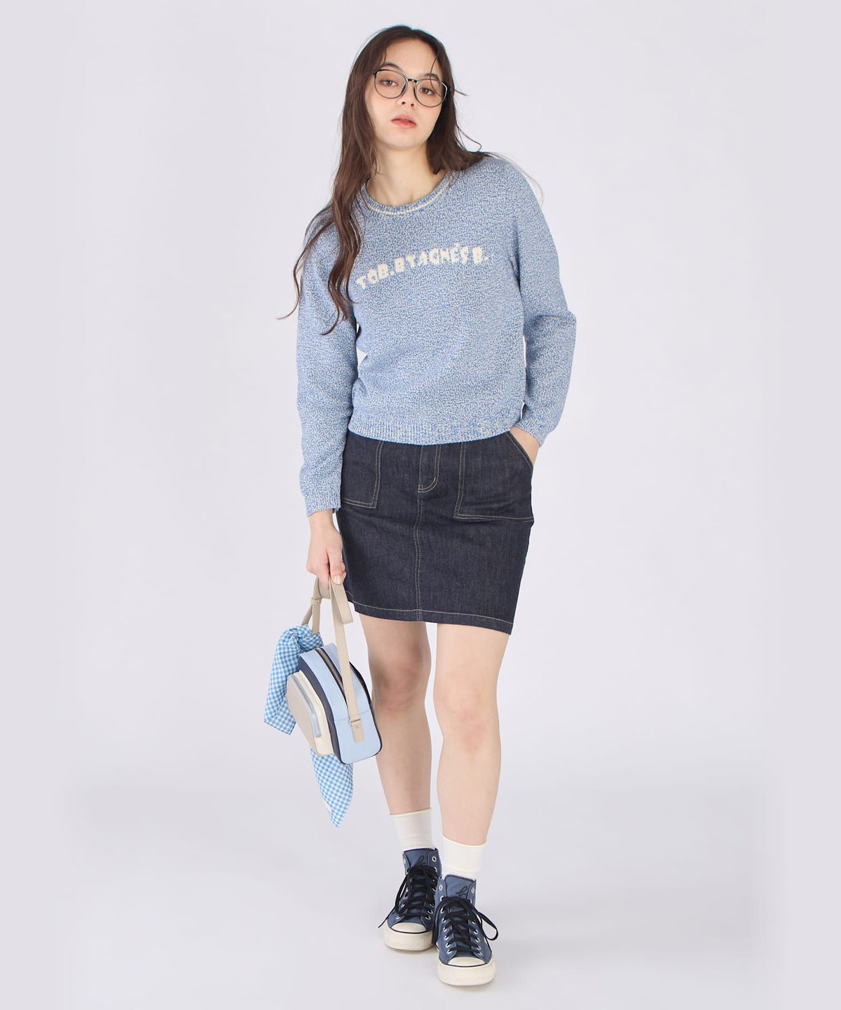 To b. by agnès b. ロゴ コットン ナイロン ジャカード 長袖 ニットプルオーバー ブルー