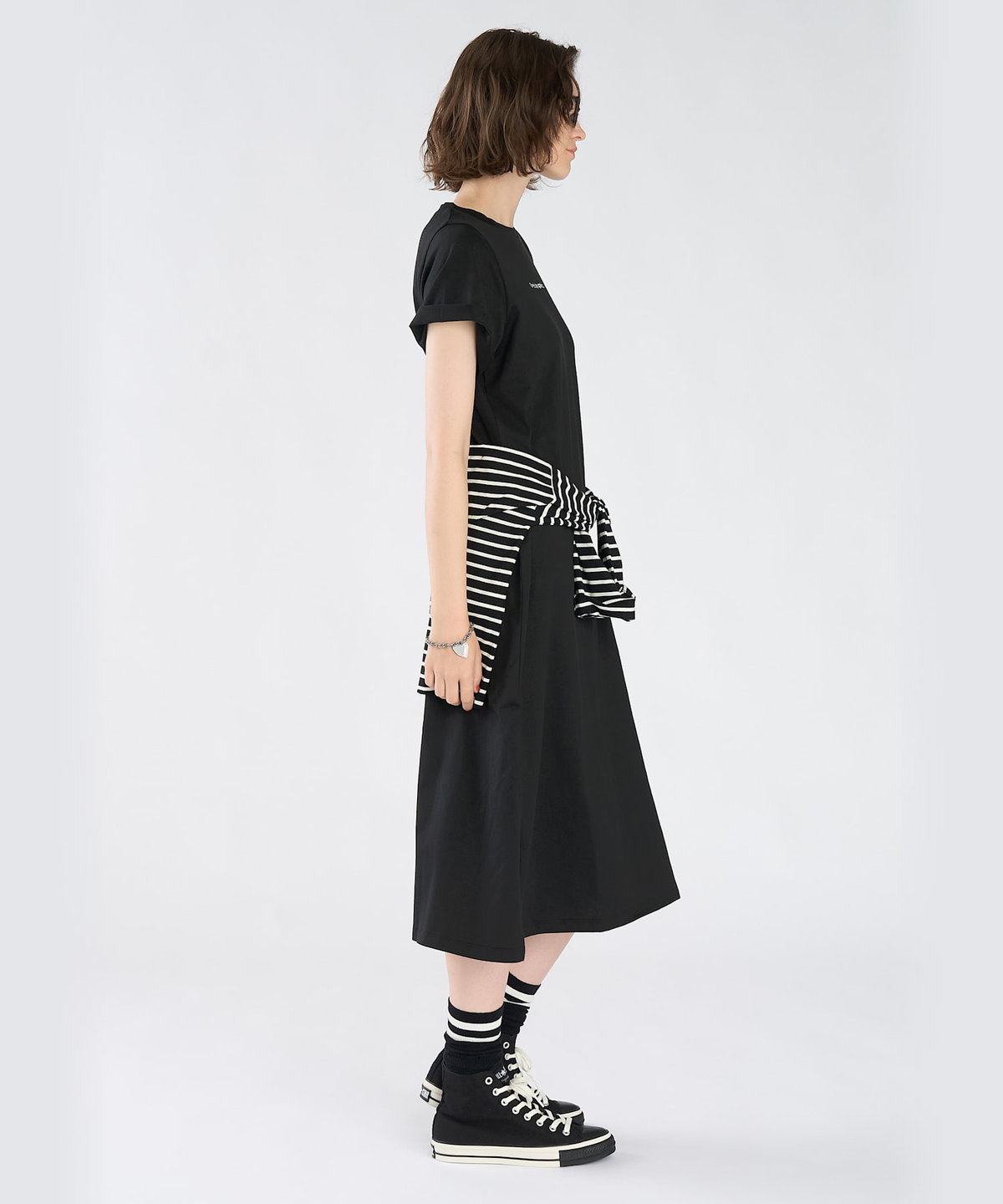 To b. by agnès b. ロゴ プリント コットン 半袖 ロング ワンピース ブラック