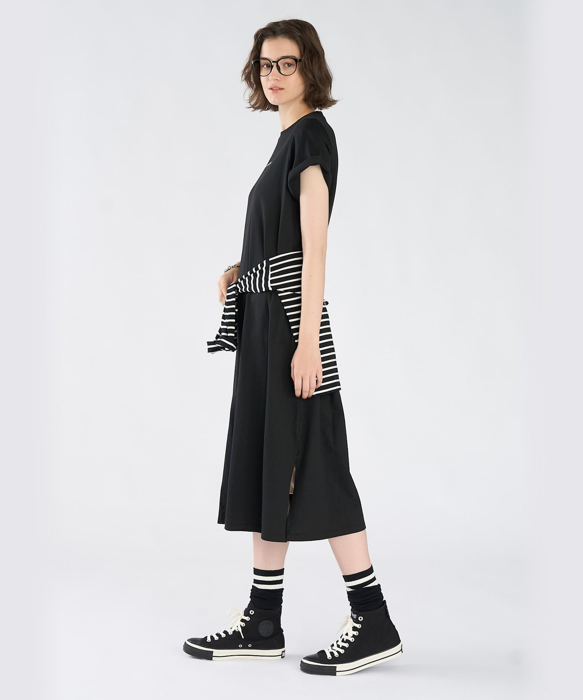 To b. by agnès b. ロゴ プリント コットン 半袖 ロング ワンピース ブラック