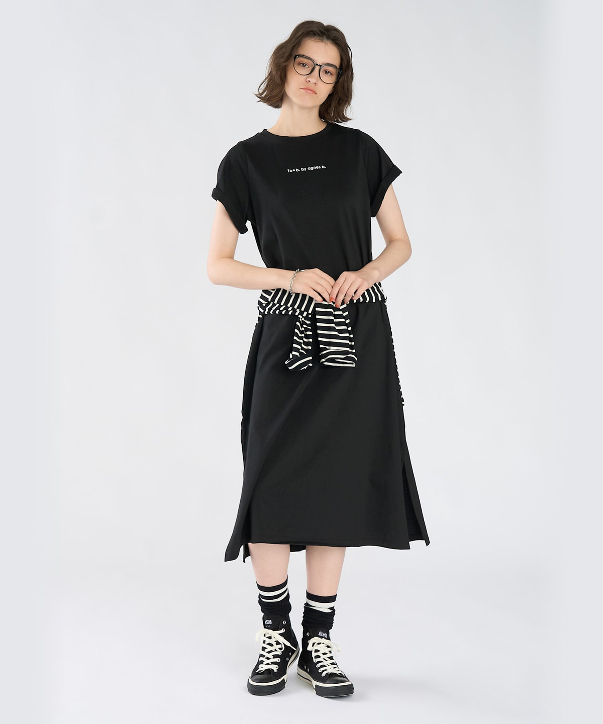 To b. by agnès b. ロゴ プリント コットン 半袖 ロング ワンピース ブラック
