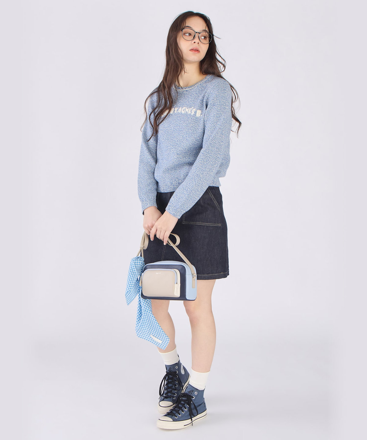 To b. by agnès b. ロゴ コットン ナイロン ジャカード 長袖 ニットプルオーバー ブルー