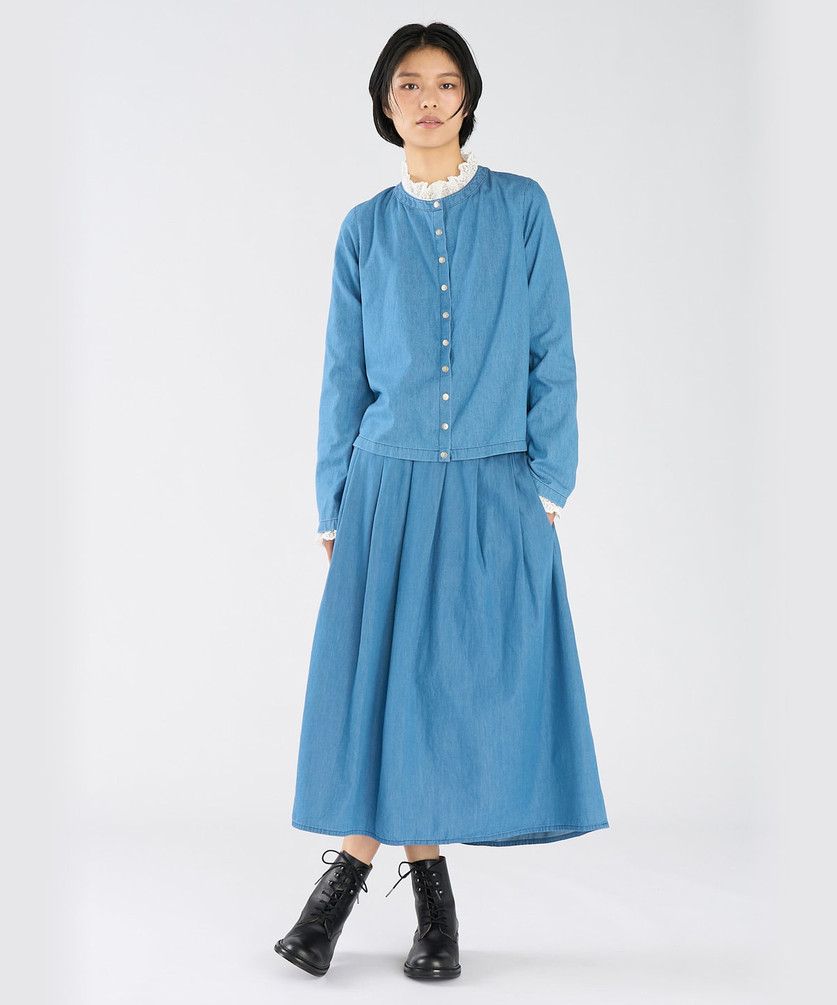 FEMME ウィメンズ デニム シャンブレー 長袖 カーディガンプレッション ブルー