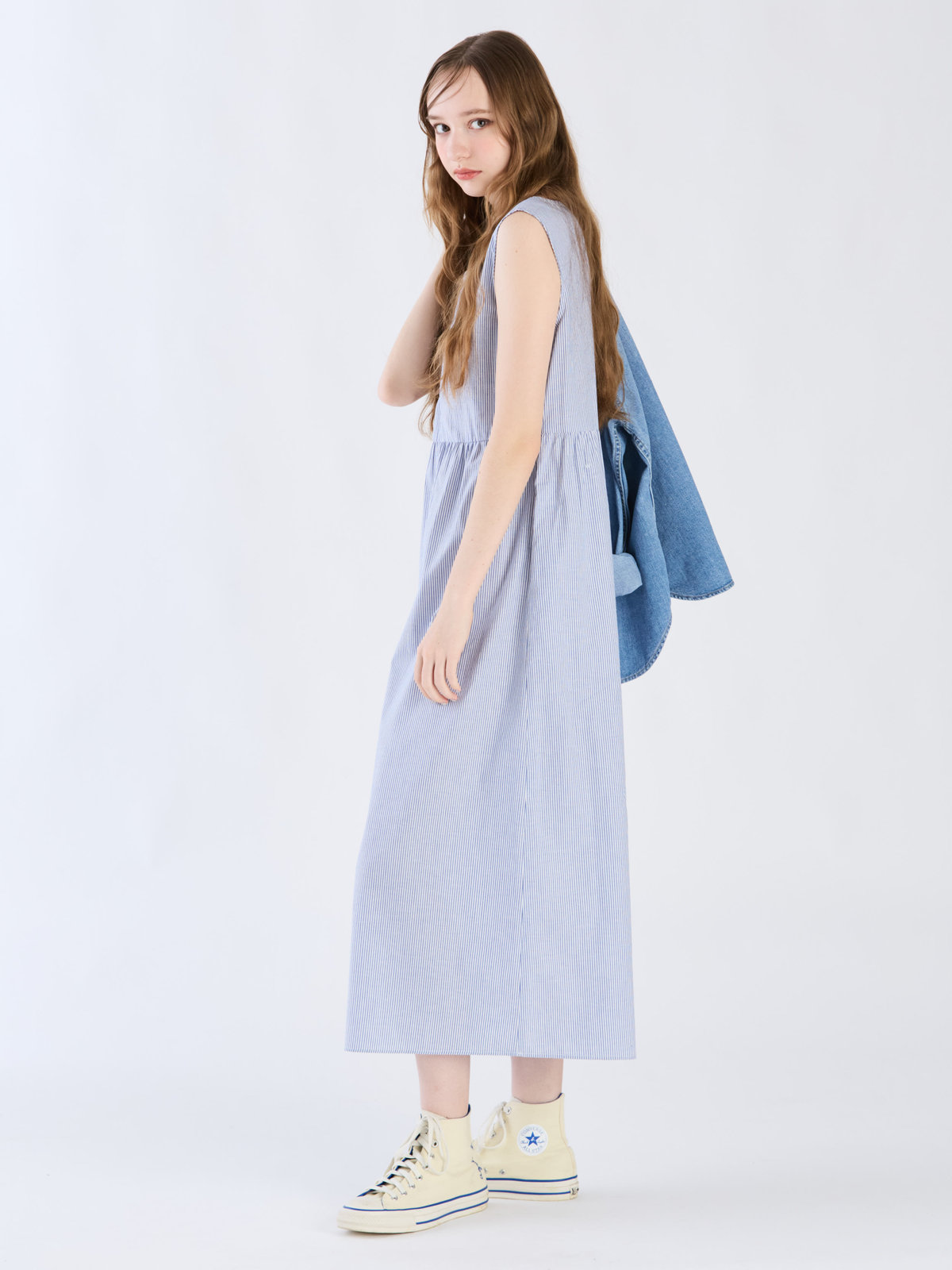 To b. by agnès b. 【Outlet】ストライプブイネックドレス ブルー