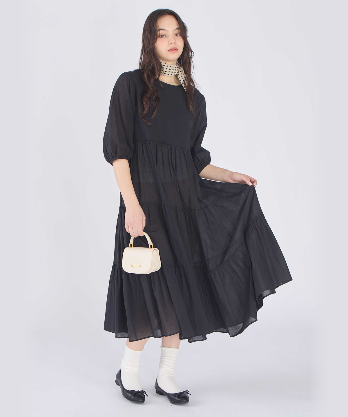 To b. by agnès b. コットン シフォン ティアード ワンピース ブラック