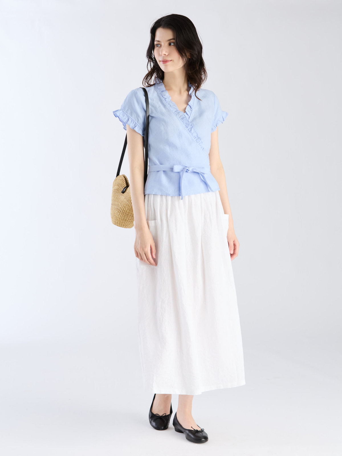 FEMME ウィメンズ リネン フリル 半袖 カシュクールブラウス ブルー系その他