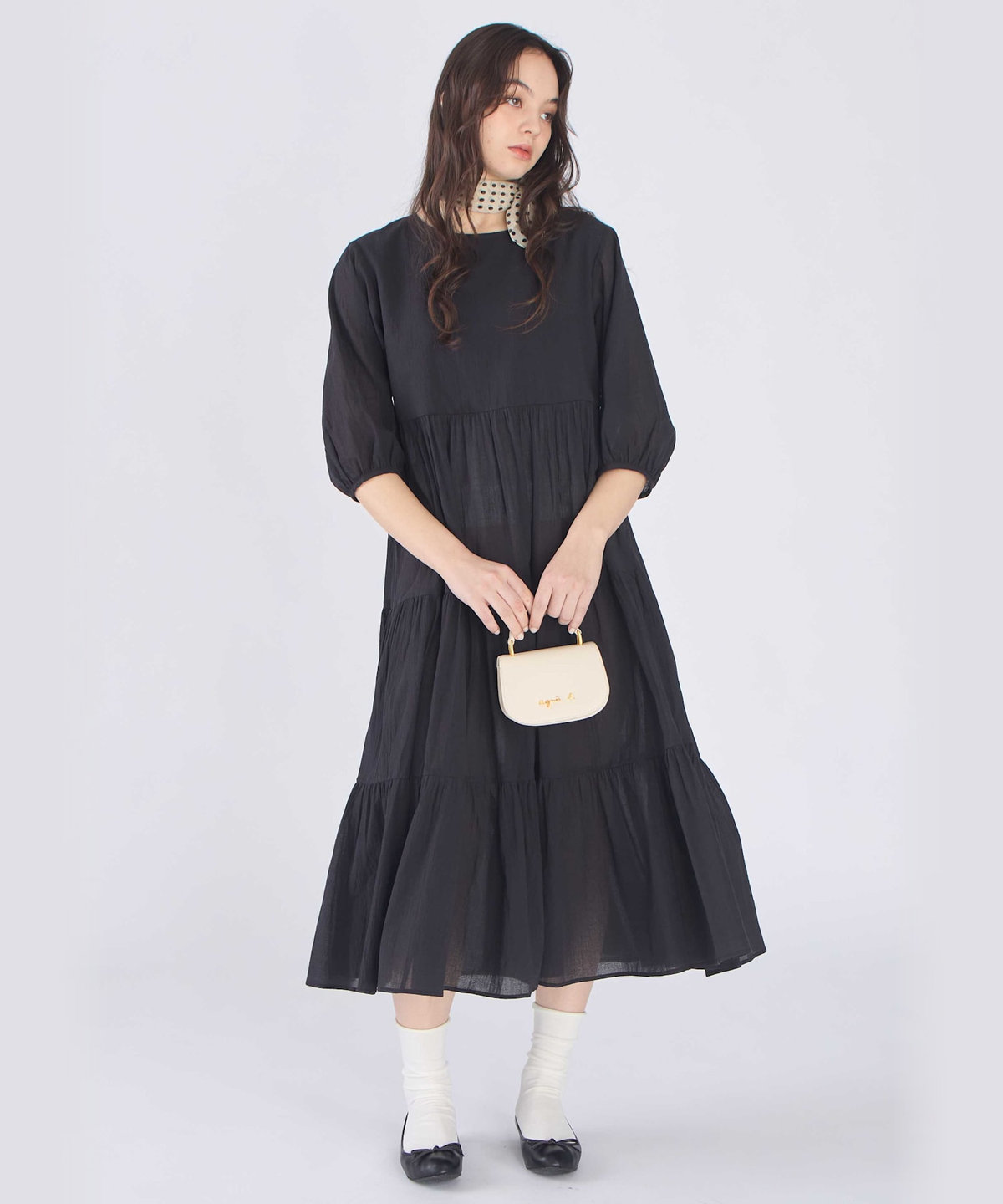 To b. by agnès b. コットン シフォン ティアード ワンピース ブラック