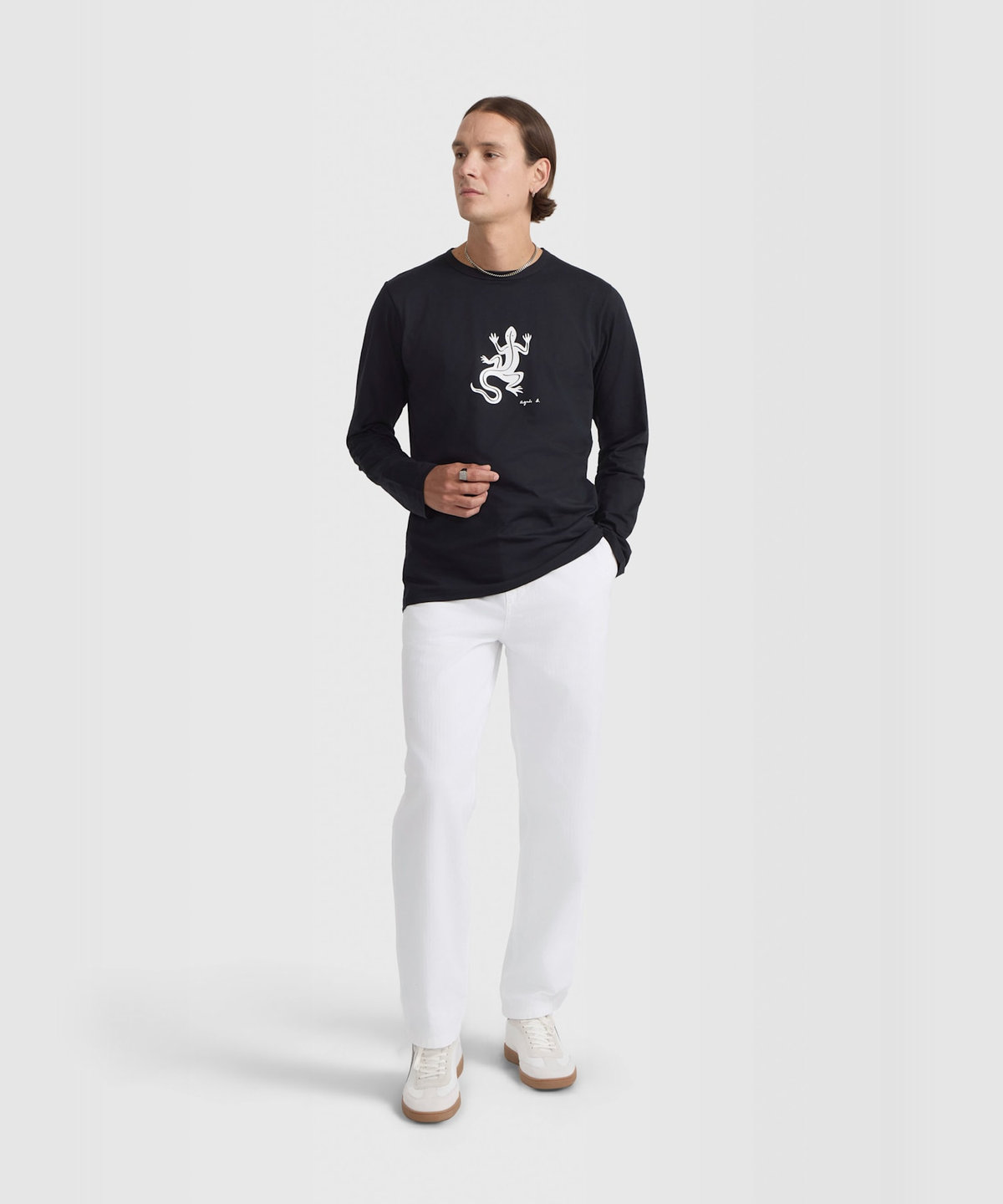 HOMME メンズ メンズ アイコニック プリント コットン 長袖 Tシャツ "Lezard" ブラック