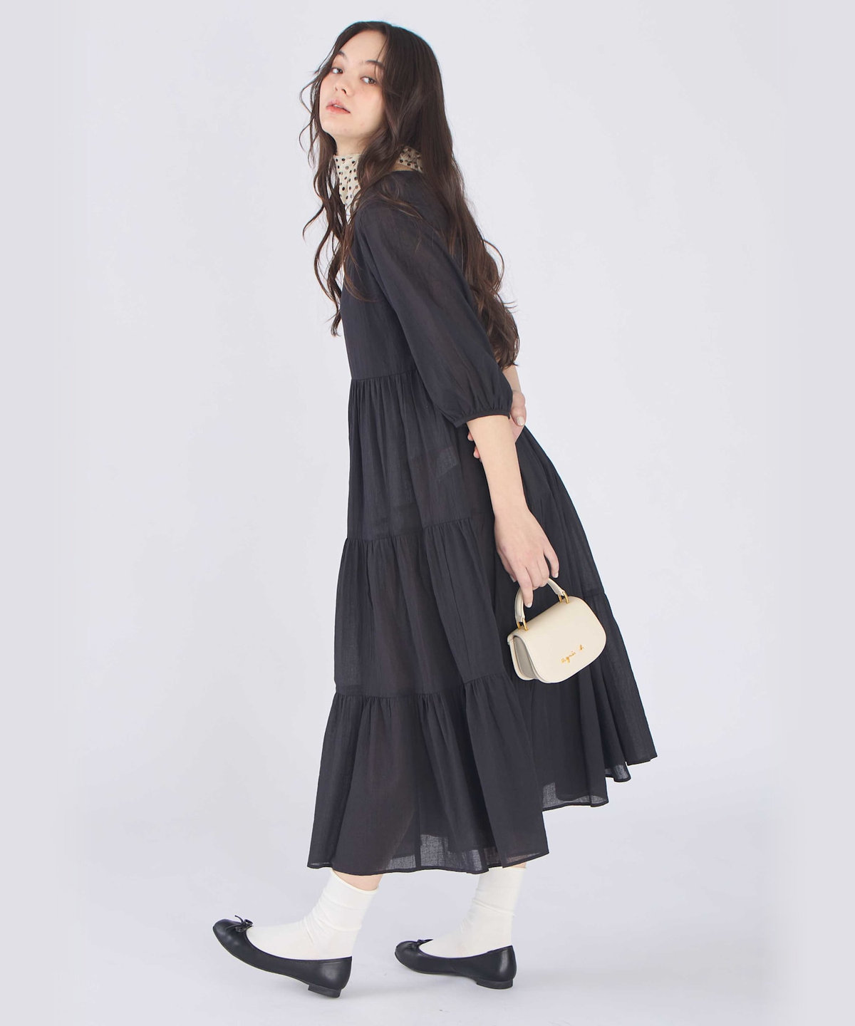 To b. by agnès b. コットン シフォン ティアード ワンピース ブラック