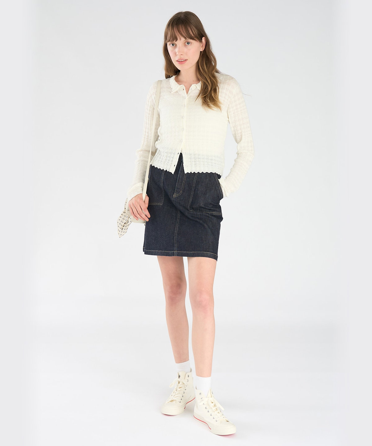 To b. by agnès b. シアーチェック 長袖 ニットシャツ ホワイト