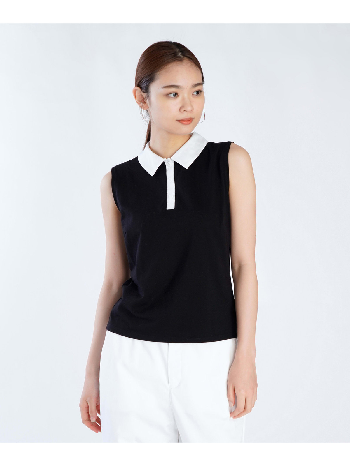 FEMME ウィメンズ コットン バイカラー ノースリーブ ポロシャツ "Thais" ブラック