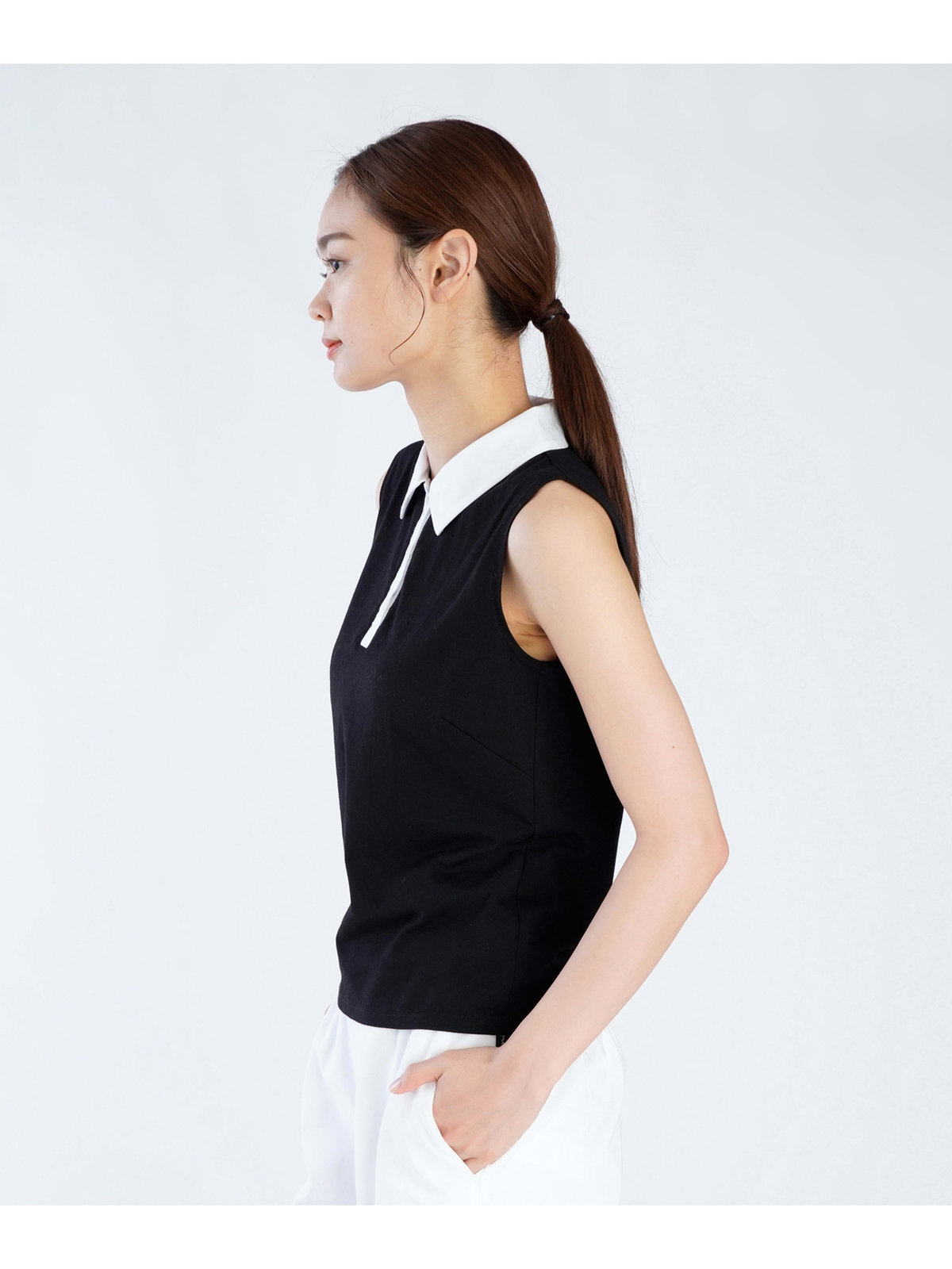 FEMME ウィメンズ コットン バイカラー ノースリーブ ポロシャツ "Thais" ブラック