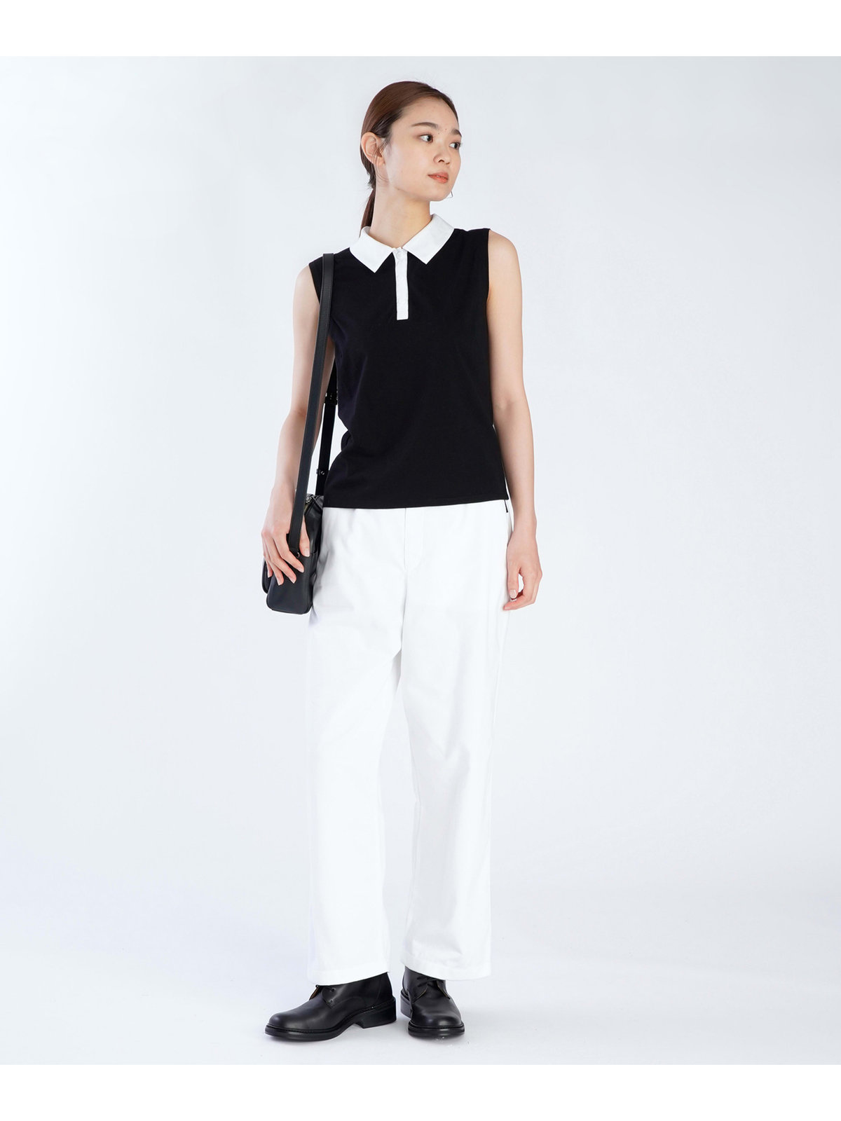 FEMME ウィメンズ コットン バイカラー ノースリーブ ポロシャツ "Thais" ブラック