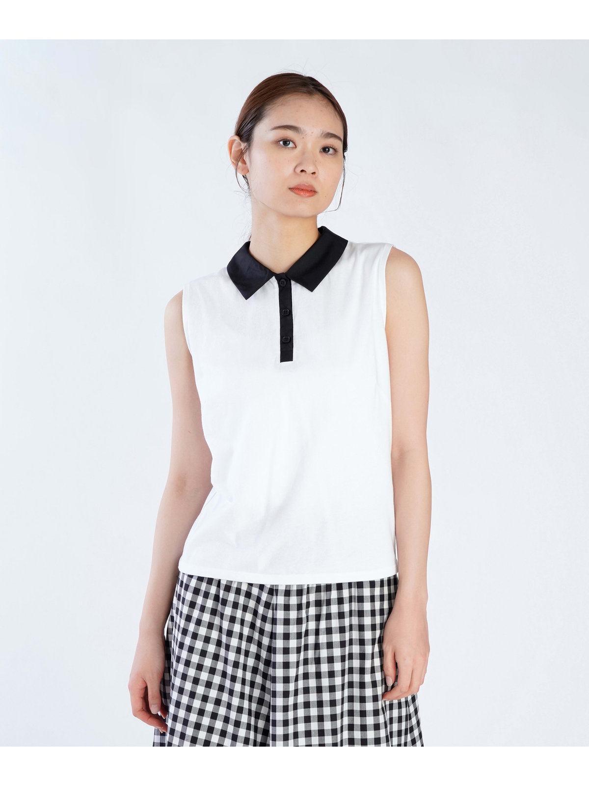 FEMME ウィメンズ コットン バイカラー ノースリーブ ポロシャツ "Thais" ホワイト